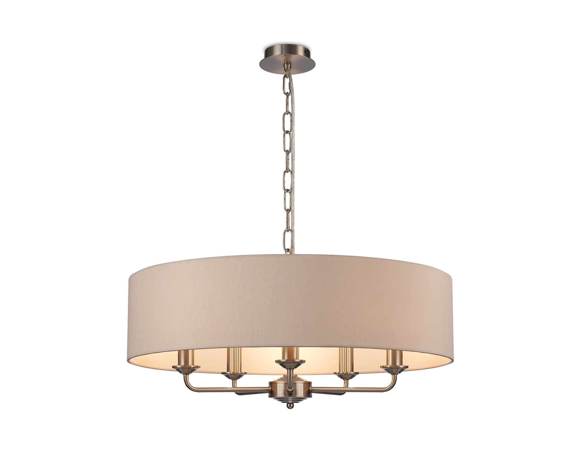 Banyan 5 Light Multi Arm Pendant, With 1.5m Chain, E14 Satin Nickel With 60cm x 15cm Dual Faux Silk Shade, Nude Beige/Moonlight
