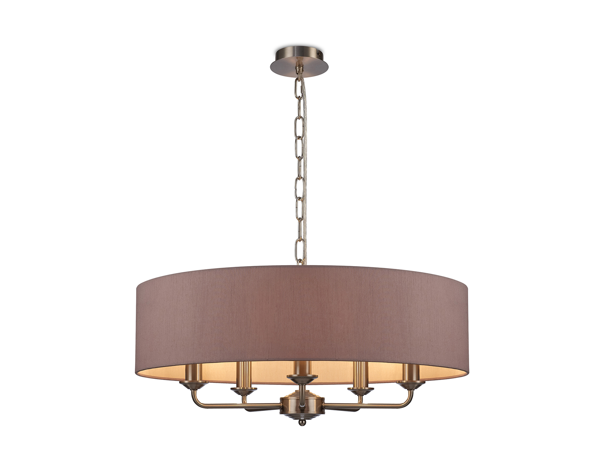 Banyan 5 Light Multi Arm Pendant, With 1.5m Chain, E14 Satin Nickel With 60cm x 15cm Dual Faux Silk Shade, Taupe/Halo Gold