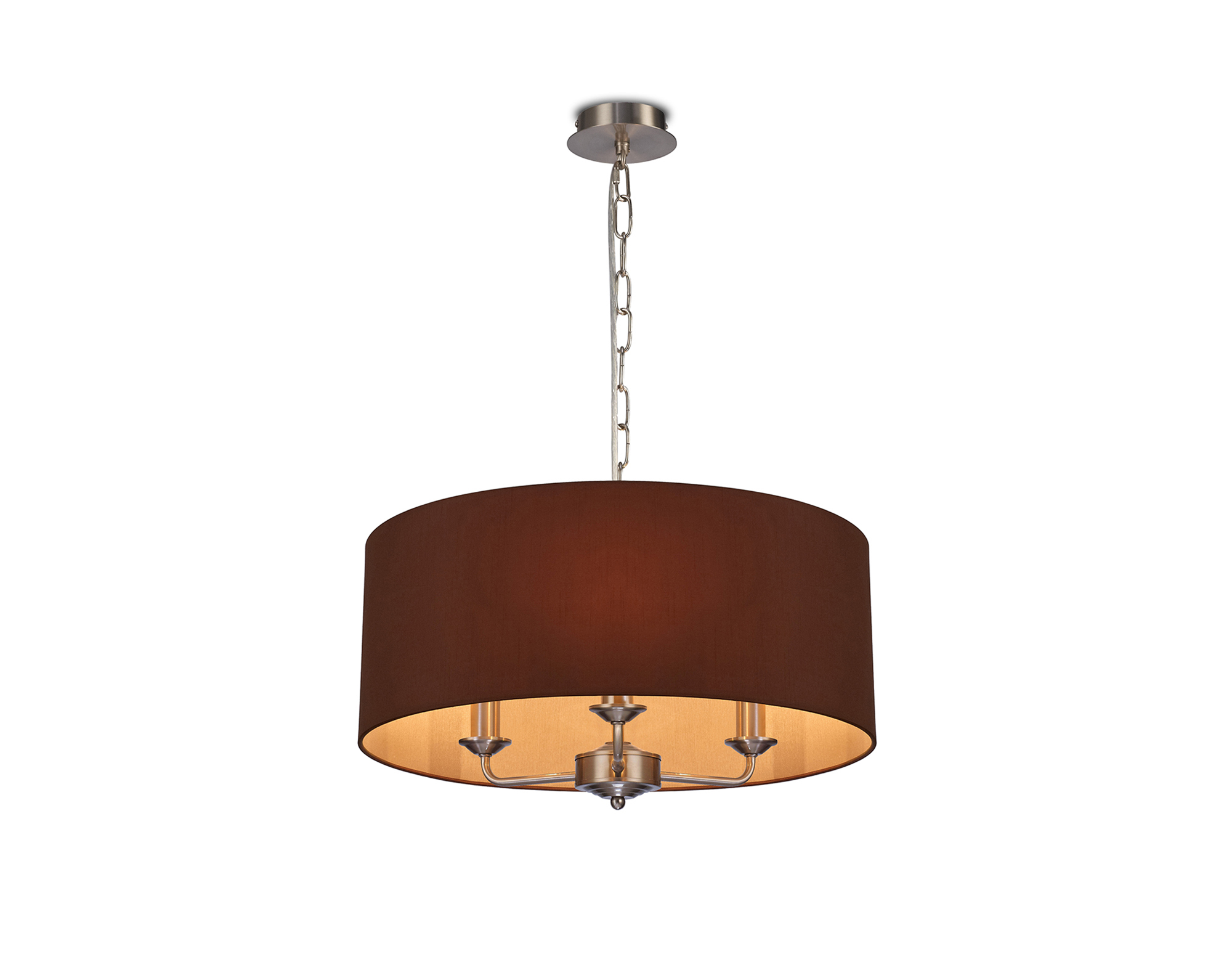 Banyan 3 Light Multi Arm Pendant, With 1.5m Chain, E14 Satin Nickel With 50cm x 22cm Dual Faux Silk Shade, Raw Cocoa/Grecian Bronze