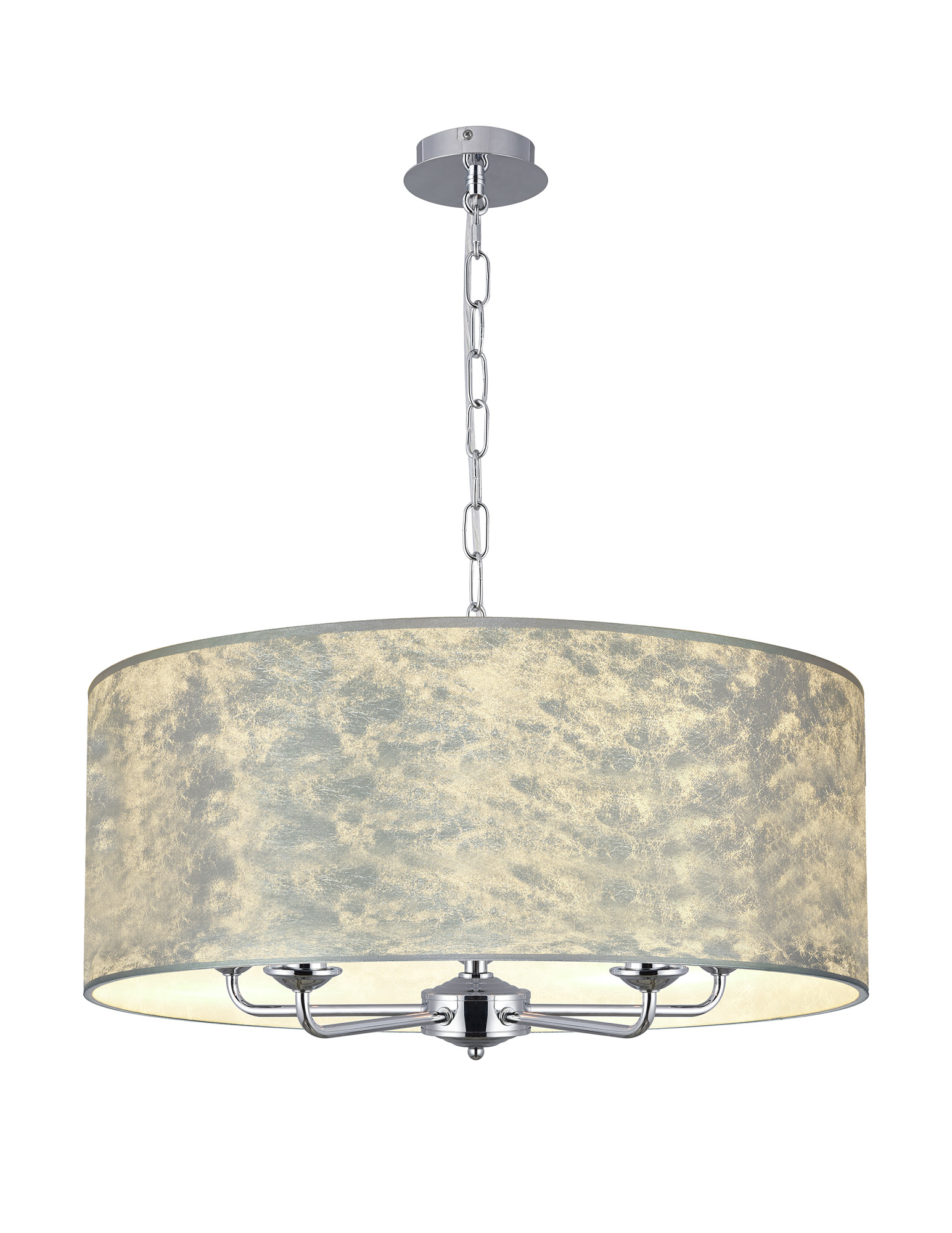Banyan 5 Light Multi Arm Pendant, With 1.5m Chain, E14 Polished Chrome With 60cm x 22cm Silver Leaf With White Lining Shade
