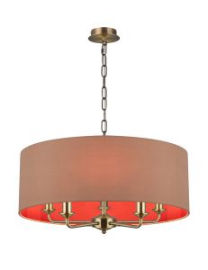 Banyan 5 Light Multi Arm Pendant, With 1.5m Chain, E14 Antique Brass With 60cm x 22cm Dual Faux Silk Shade, Antique Gold/Ruby