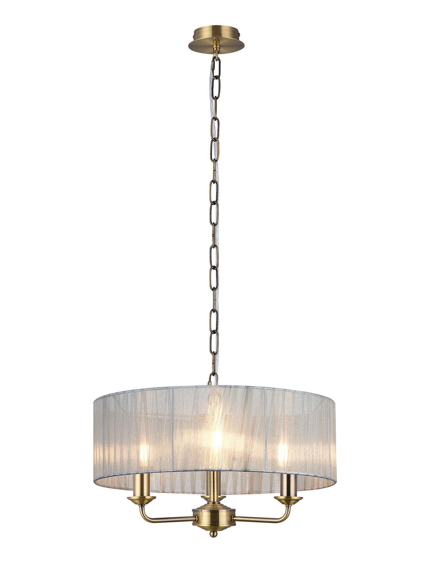 Banyan 3 Light Multi Arm Pendant With 45cm x 15cm Organza Shade Antique Brass/Grey