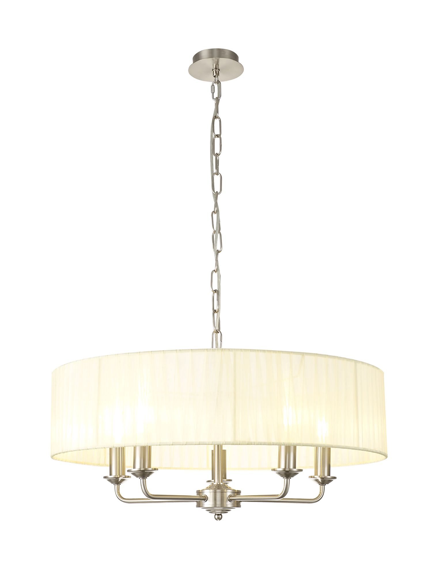Banyan 5 Light Multi Arm Pendant With 60cm x 15cm Organza Shade Satin Nickel/Cream