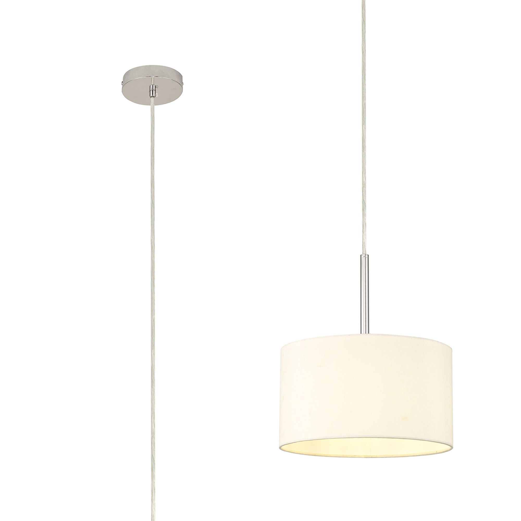 Baymont Polished Chrome 1 Light E27 Universal Single Pendant With 30cm x 17cm Faux Silk Shade, Ivory Pearl/White Laminate