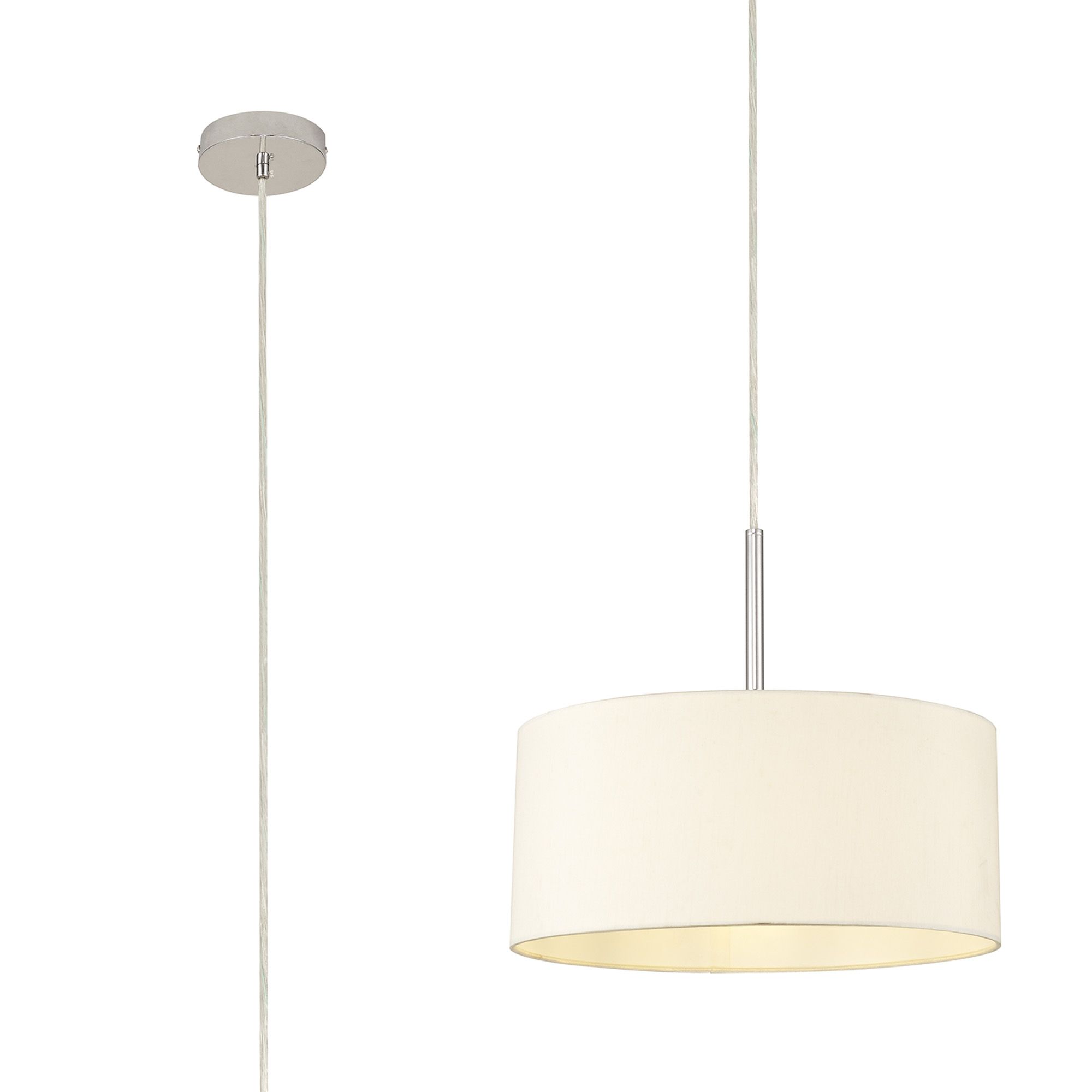 Baymont Polished Chrome 1 Light E27 Universal Single Pendant With 40cm x 18cm Faux Silk Shade, Ivory Pearl/White Laminate