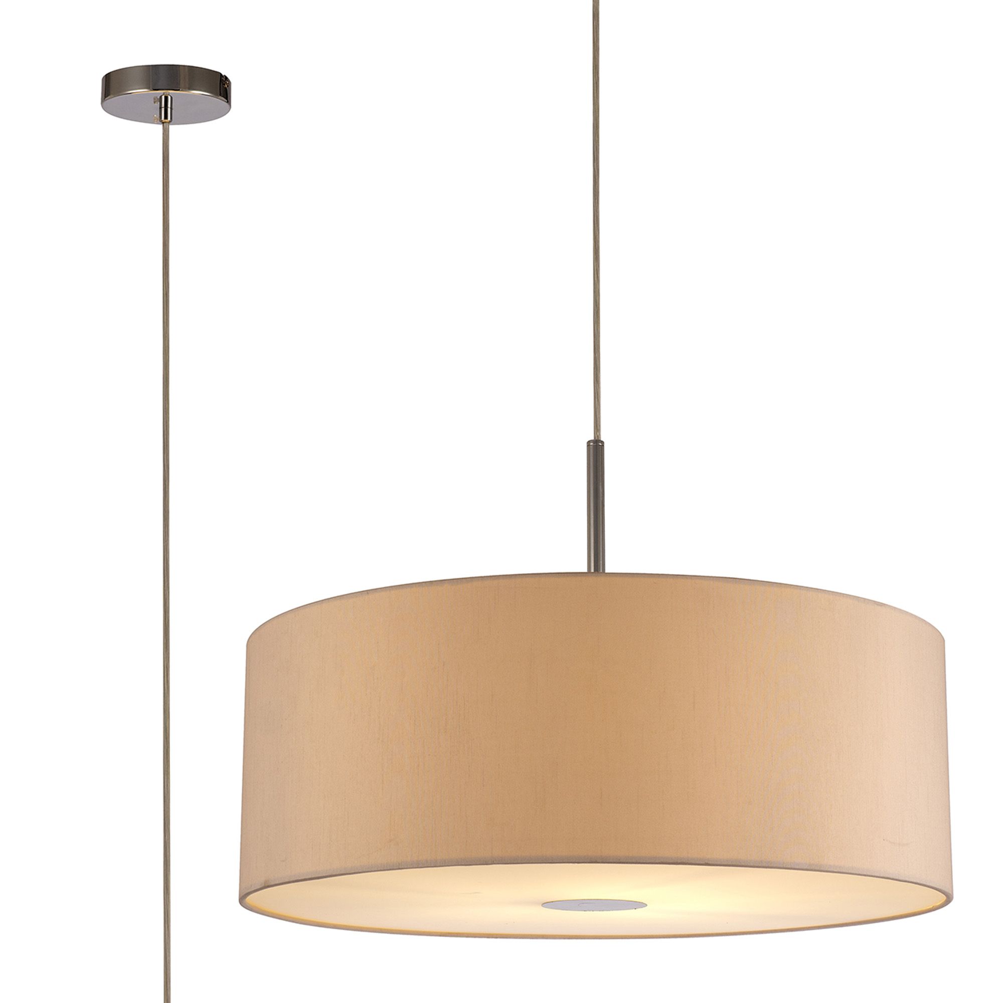Baymont Polished Chrome 1 Light E27 Single Pendant With 60cm x 22cm Dual Faux Silk Shade, Nude Beige/Moonlight With Frosted/PC Acrylic Diffuser