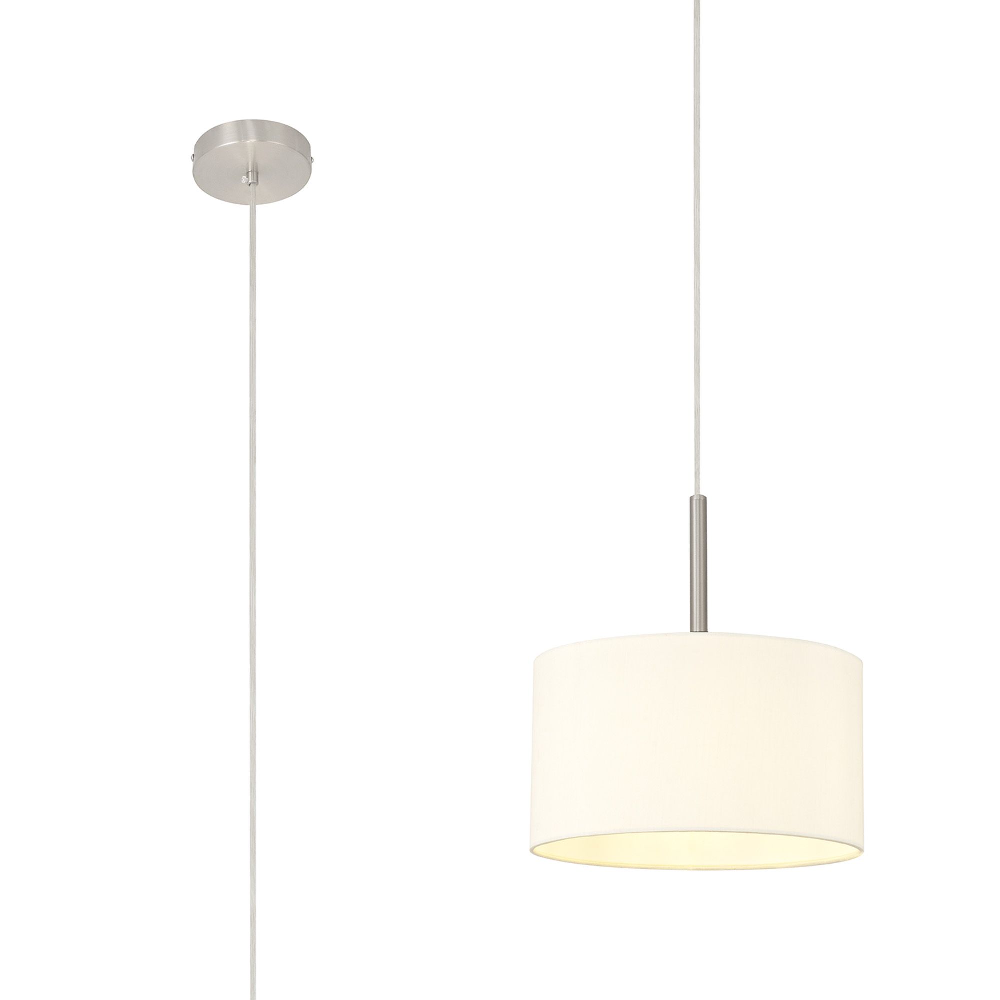 Baymont Satin Nickel 1 Light E27 Single Pendant With 30cm x 17cm Faux Silk Shade, Ivory Pearl/White Laminate