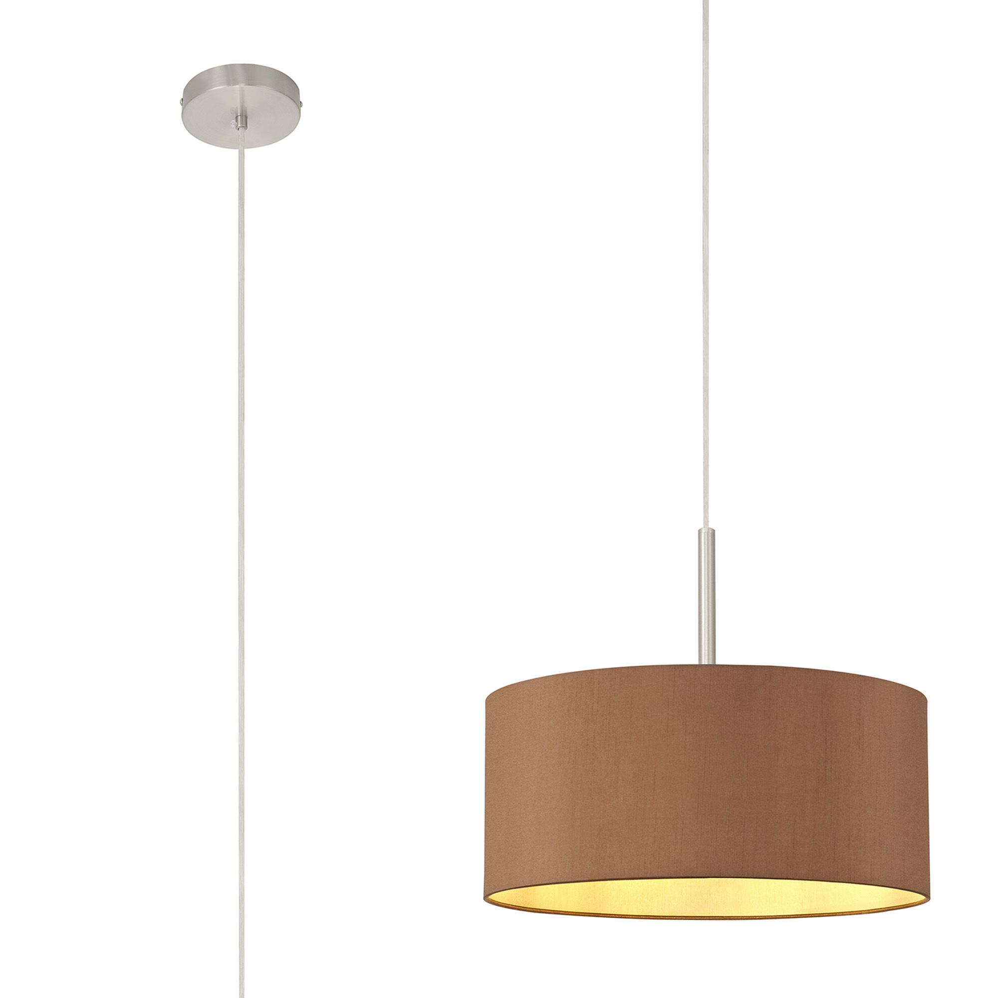 Baymont Satin Nickel 1 Light E27 Single Pendant With 40cm x 18cm Dual Faux Silk Shade, Raw Cocoa/Grecian Bronze