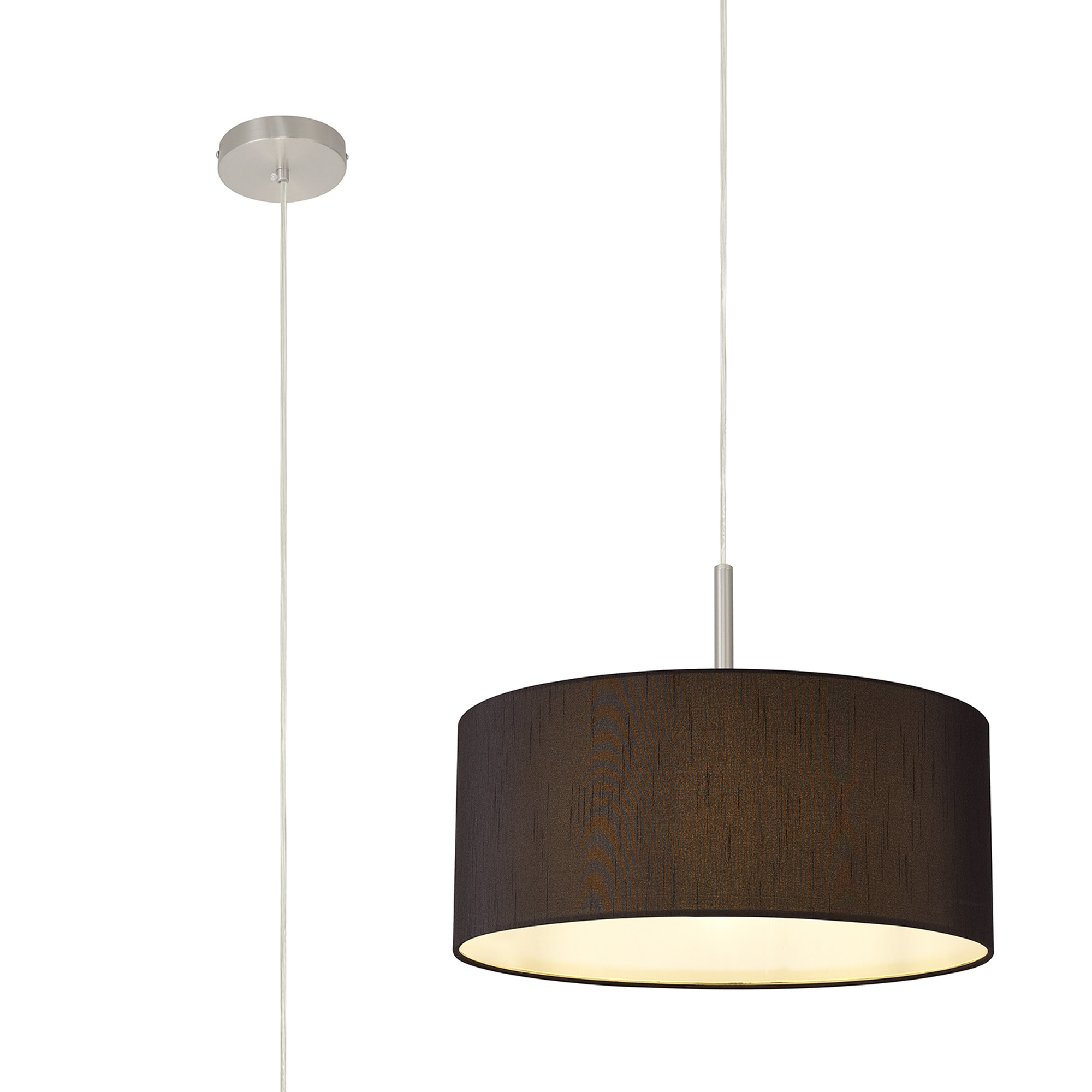 Baymont Satin Nickel 1 Light E27 Single Pendant With 40cm x 18cm Faux Silk Shade, Black/White Laminate