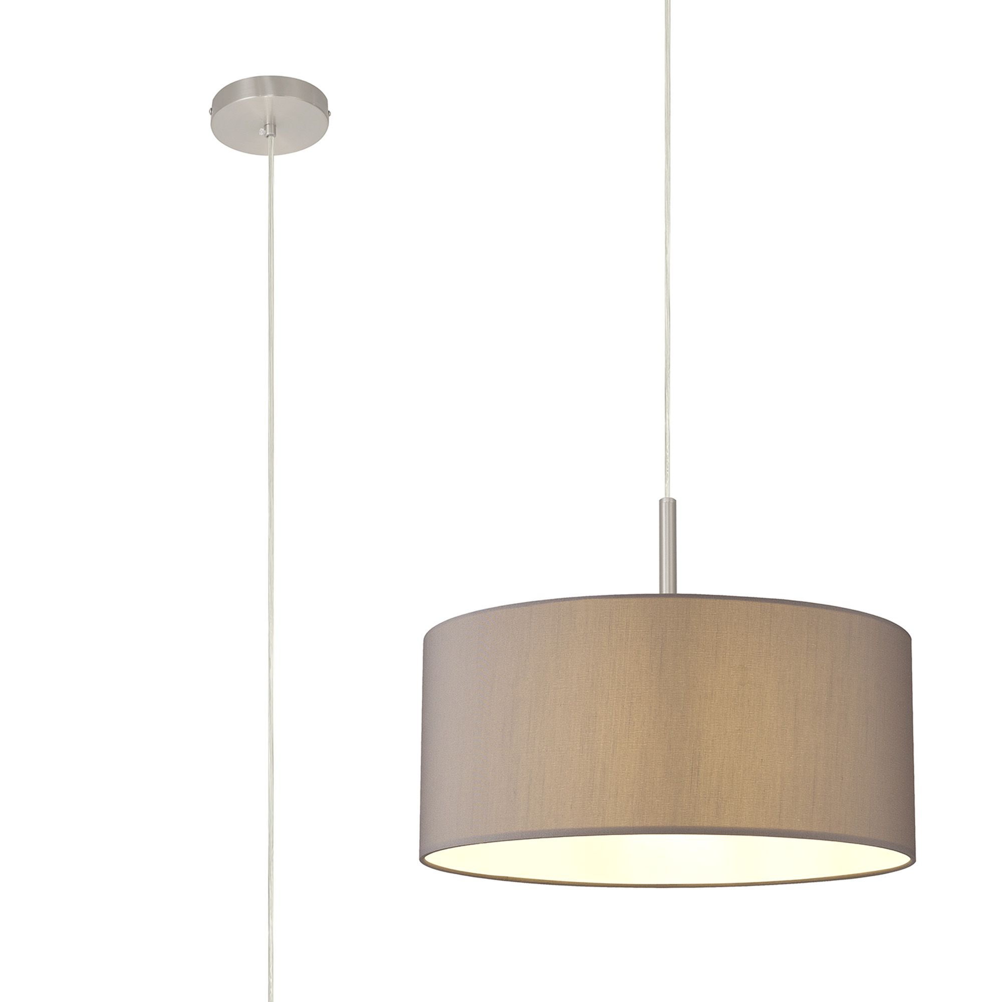 Baymont Satin Nickel 1 Light E27 Single Pendant With 40cm x 18cm Faux Silk Shade, Grey/White Laminate