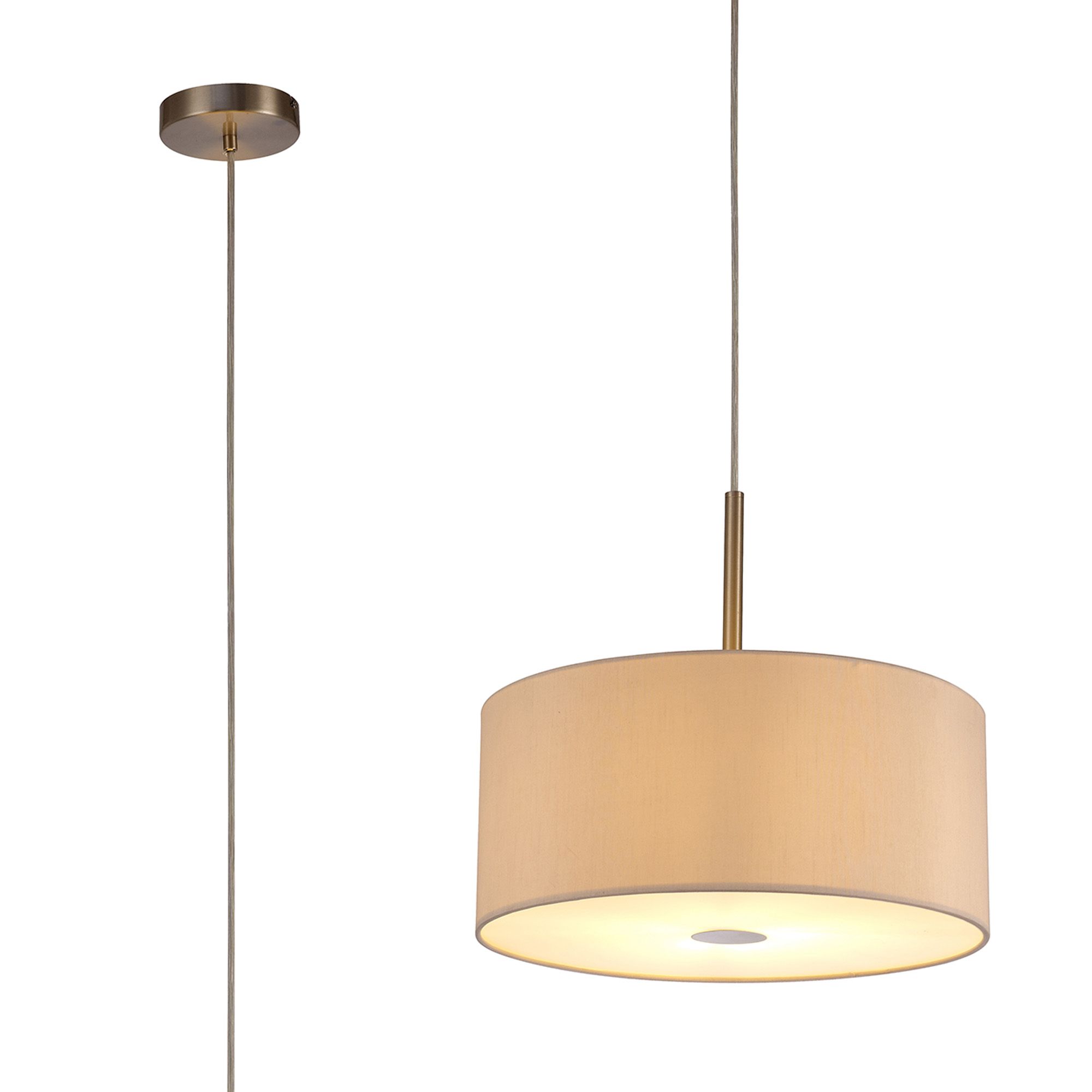 Baymont Satin Nickel 1 Light E27 Single Pendant With 40cm x 18cm Dual Faux Silk Shade, Nude Beige/Moonlight With Frosted/SN Acrylic Diffuser