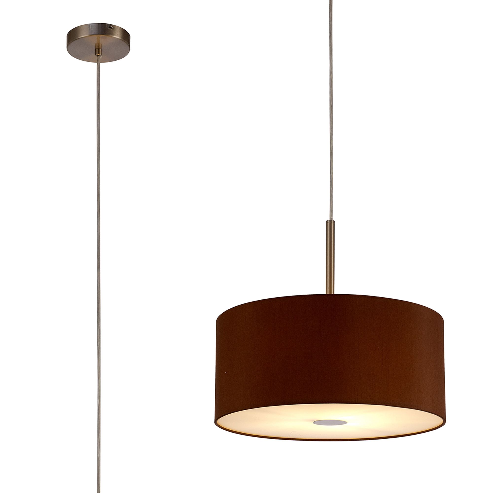 Baymont Satin Nickel 1 Light E27 Single Pendant With 40cm x 18cm Dual Faux Silk Shade, Raw Cocoa/Grecian Bronze With Frosted/SN Acrylic Diffuser