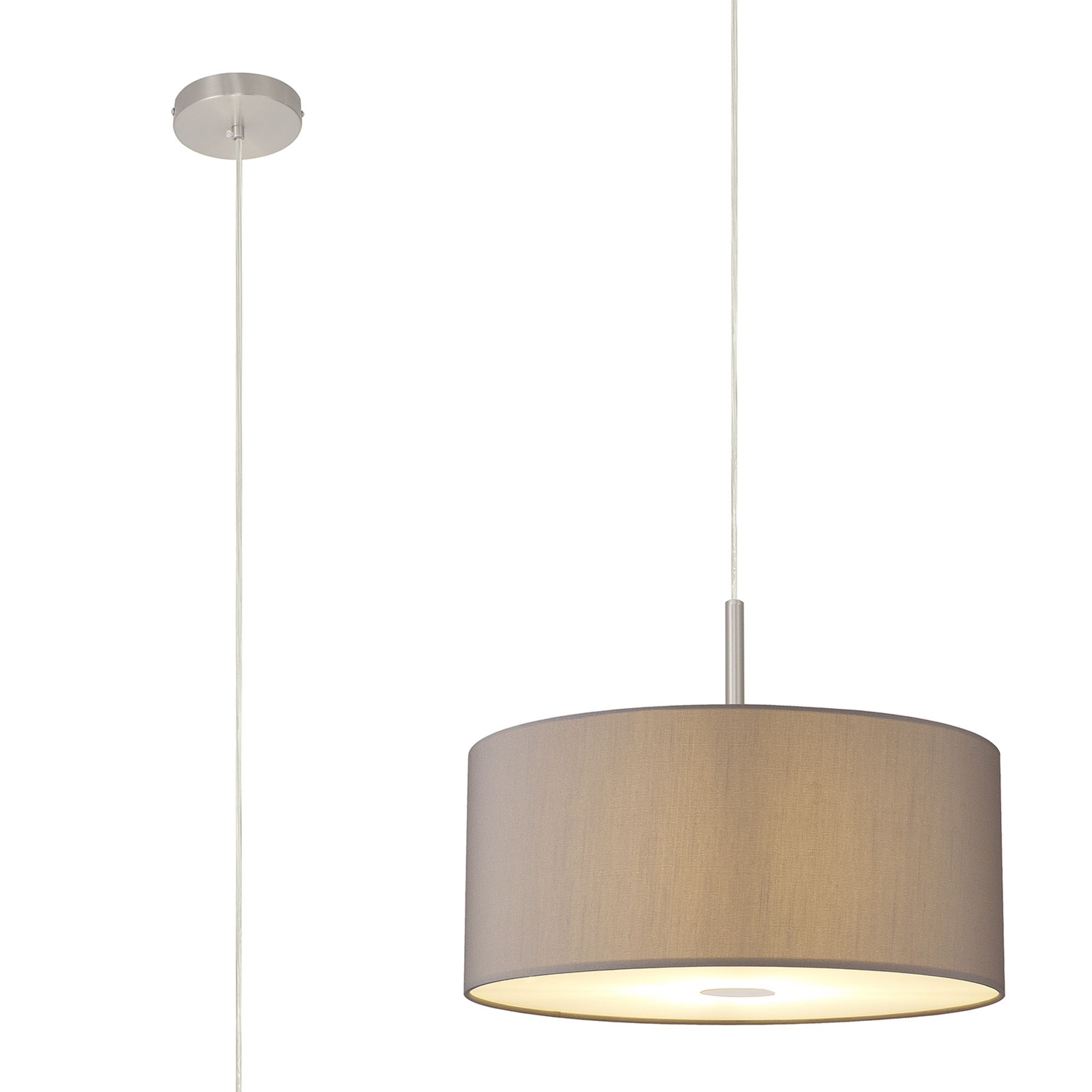 Baymont Satin Nickel 1 Light E27 Single Pendant With 40cm x 18cm Faux Silk Shade, Grey/White Laminate With Frosted/SN Acrylic Diffuser
