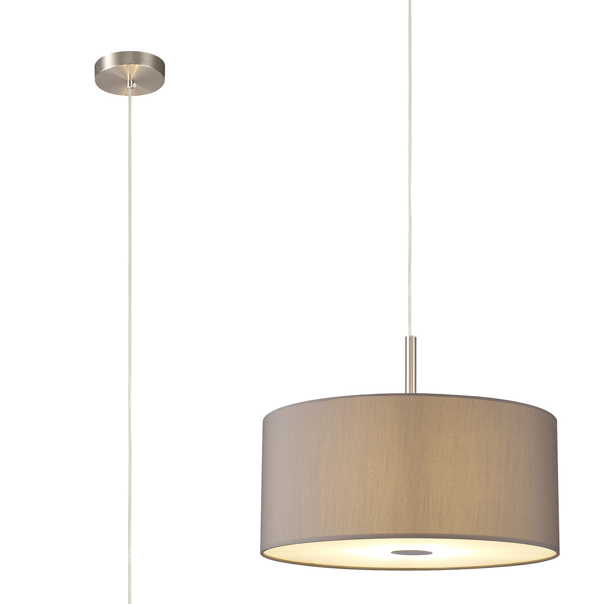 Baymont Satin Nickel 3 Light E27 Single Pendant With 40cm x 18cm Faux Silk Shade, Grey/White Laminate & Frosted/PC Acrylic Diffuser