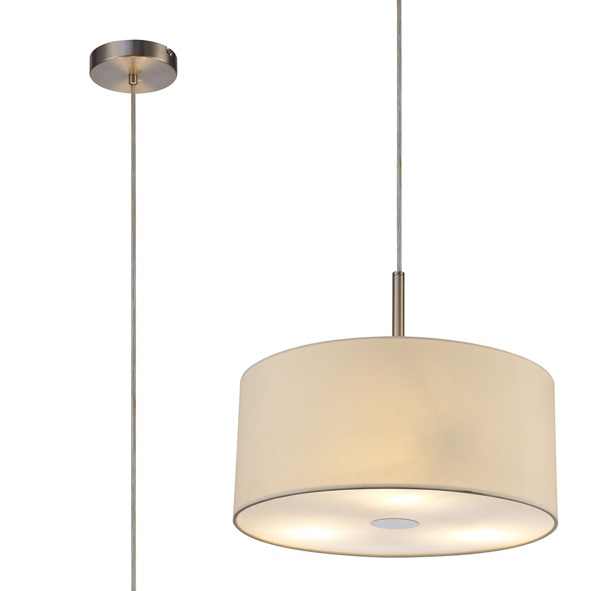 Baymont Satin Nickel 3 Light E27 Single Pendant With 40cm x 18cm Faux Silk Shade, Ivory Pearl/White Laminate & Frosted/SN Acrylic Diffuser