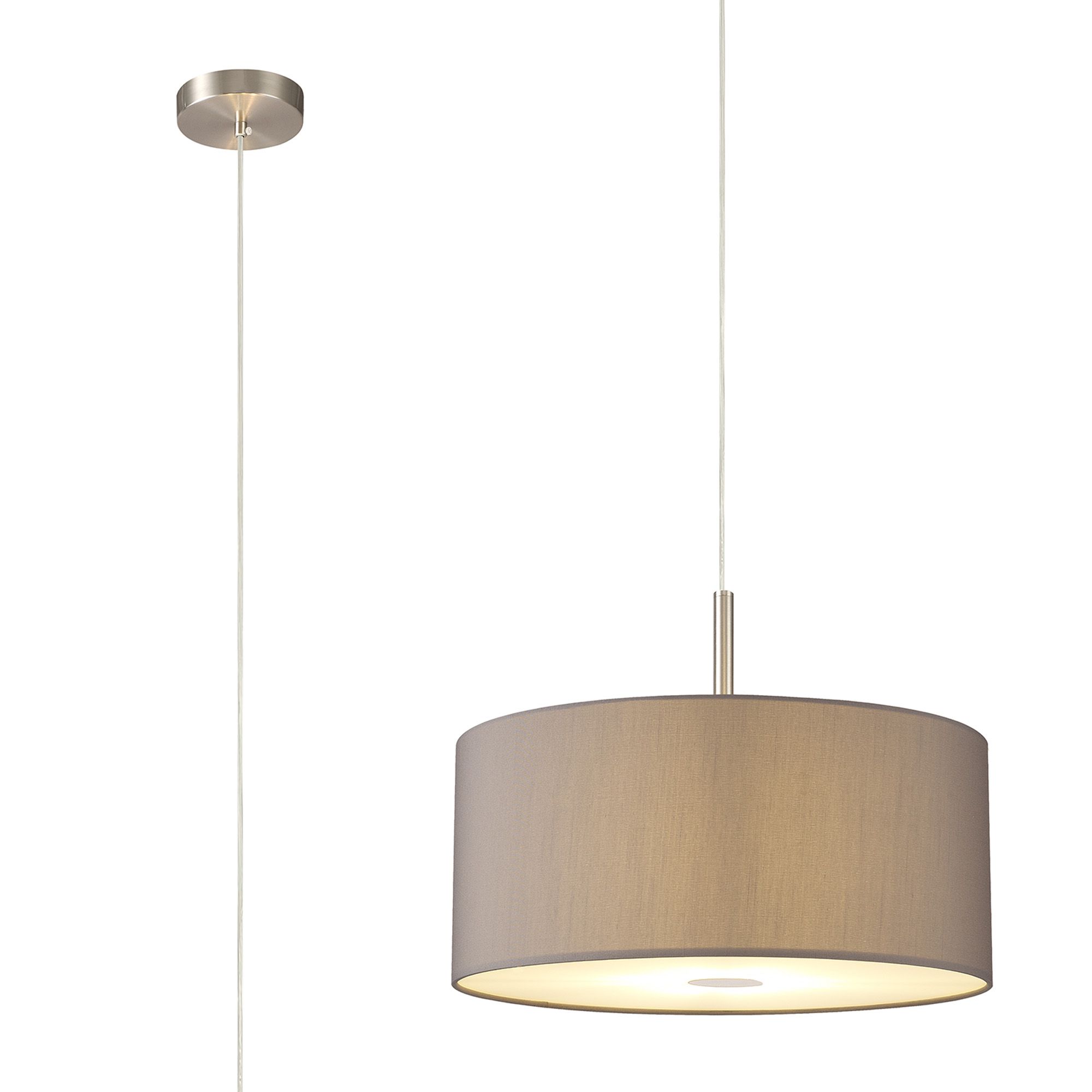 Baymont Satin Nickel 3 Light E27 Single Pendant With 40cm x 18cm Faux Silk Shade, Grey/White Laminate & Frosted/SN Acrylic Diffuser