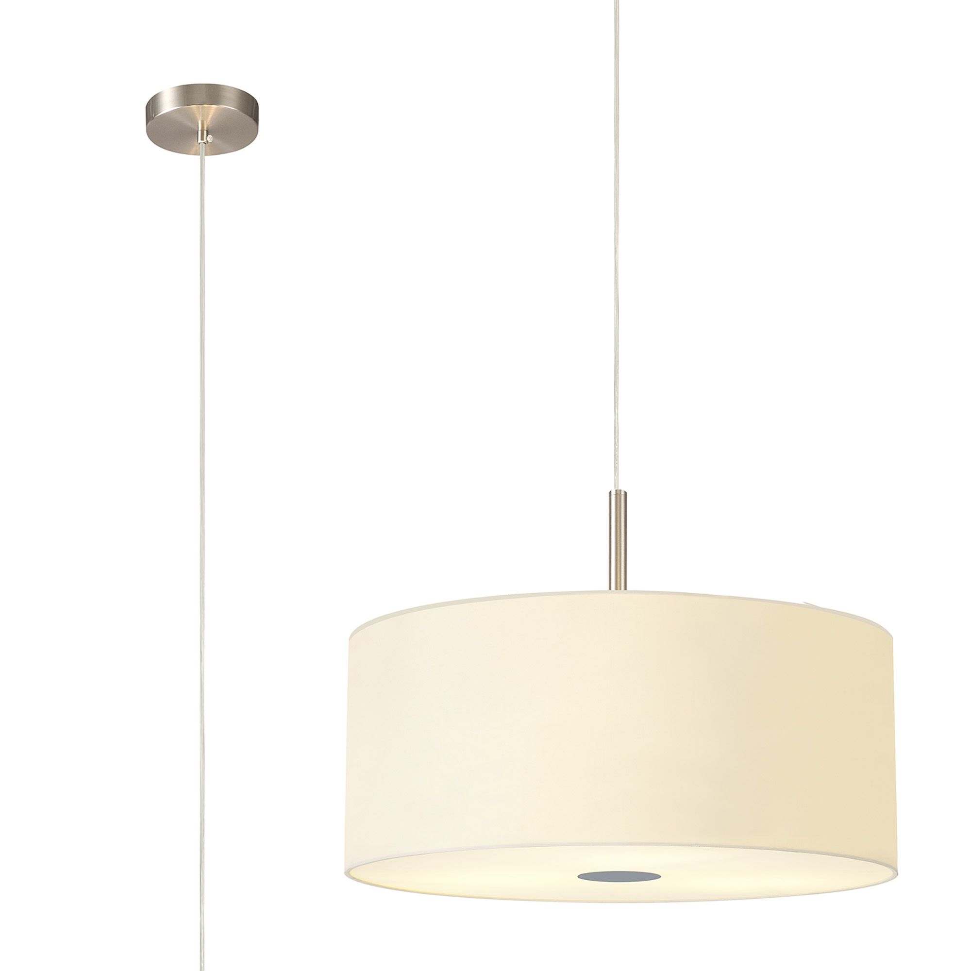 Baymont Satin Nickel 3 Light E27 Single Pendant With 50cm x 20cm Faux Silk Shade, Ivory Pearl/White Laminate & Frosted/PC Acrylic Diffuser