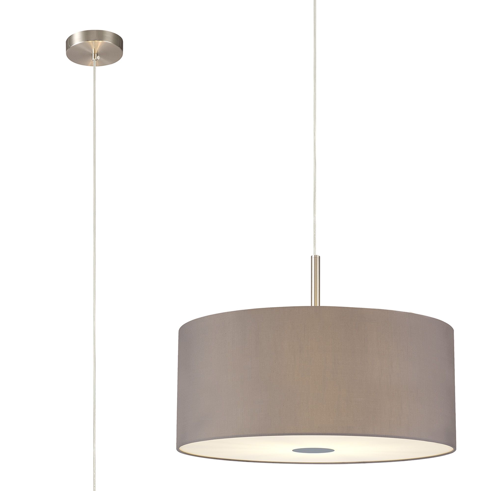 Baymont Satin Nickel 3 Light E27 Single Pendant With 50cm x 20cm Faux Silk Shade, Grey/White Laminate & Frosted/PC Acrylic Diffuser