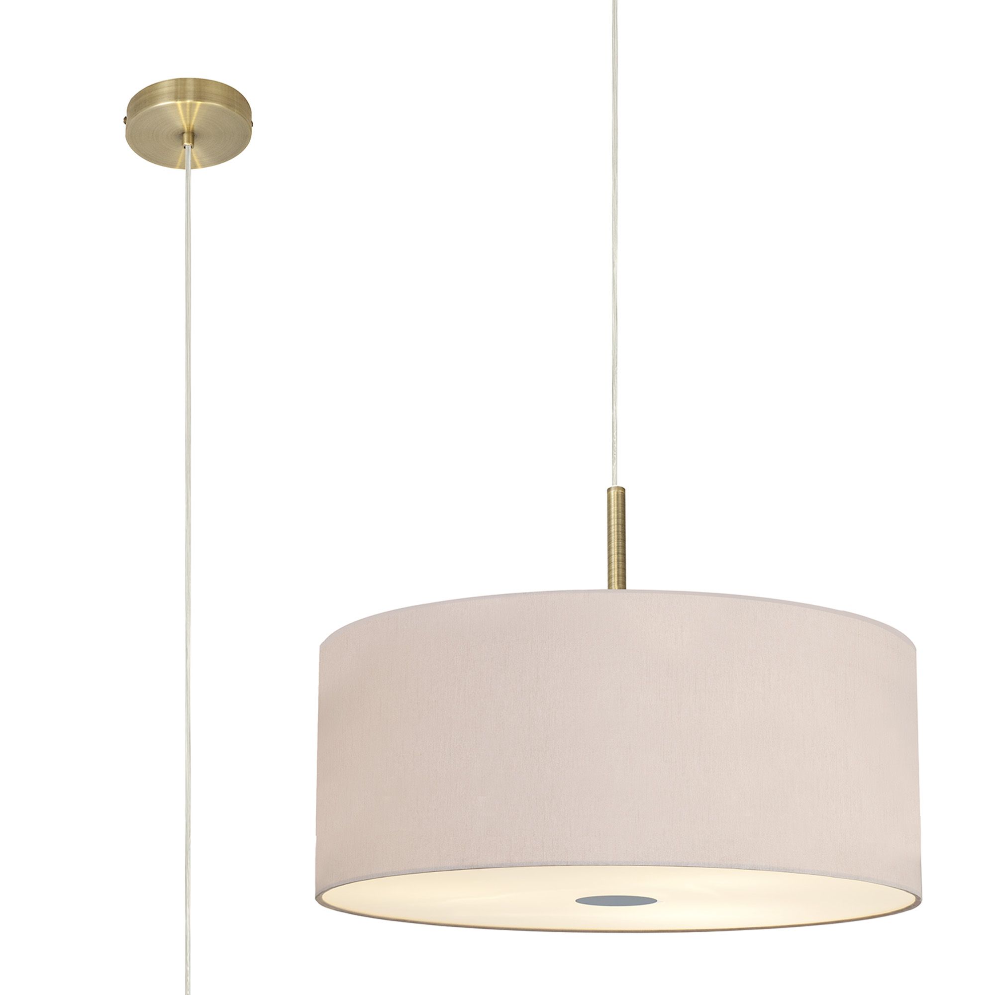 Baymont Antique Brass 5 Light E27 Single Pendant With 60cm x 22cm Dual Faux Silk Shade, Nude Beige/Moonlight & Frosted/PC Acrylic Diffuser