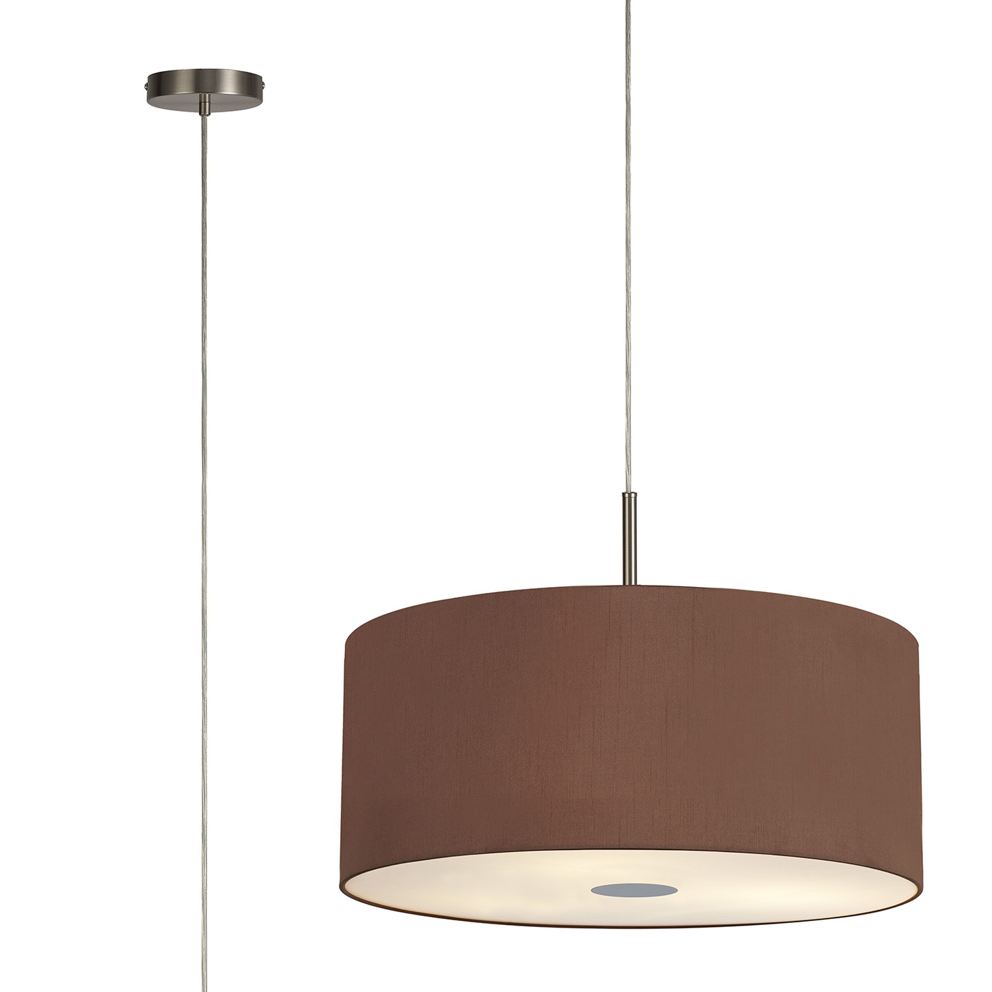 Baymont Satin Nickel 5 Light E27 Single Pendant With 60cm x 22cm Dual Faux Silk Shade, Raw Cocoa/Grecian Bronze & Frosted/PC Acrylic Diffuser