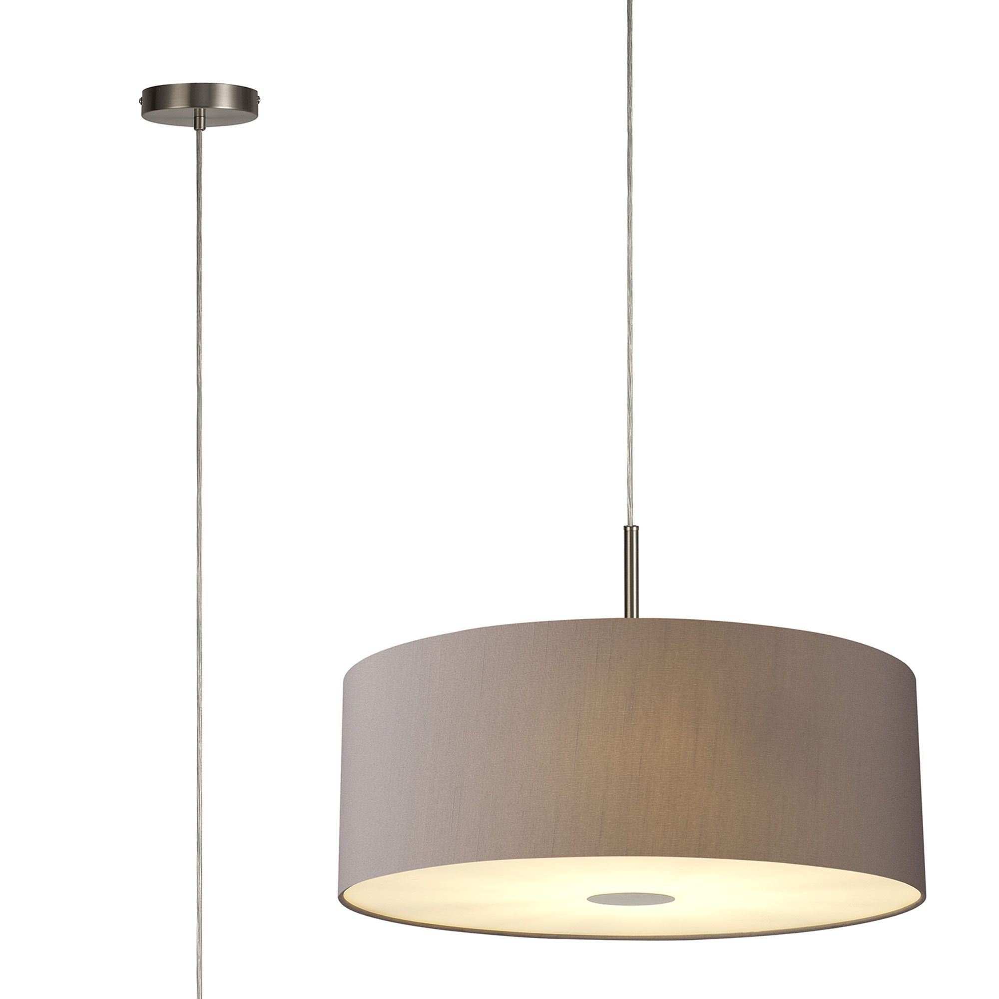 Baymont Satin Nickel 5 Light E27 Single Pendant With 60cm x 22cm Faux Silk Shade, Grey/White Laminate & Frosted/PC Acrylic Diffuser