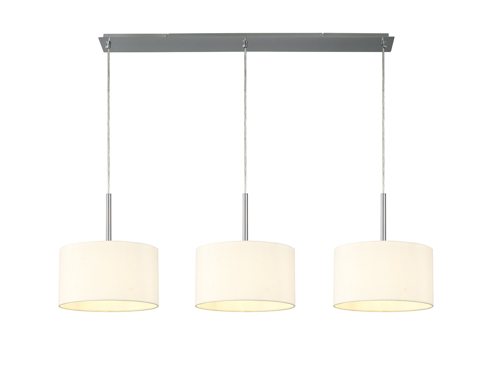 Baymont Polished Chrome 3 Light E27 Linear Pendant With 30cm x 17cm Faux Silk Shade, Ivory Pearl/White Laminate