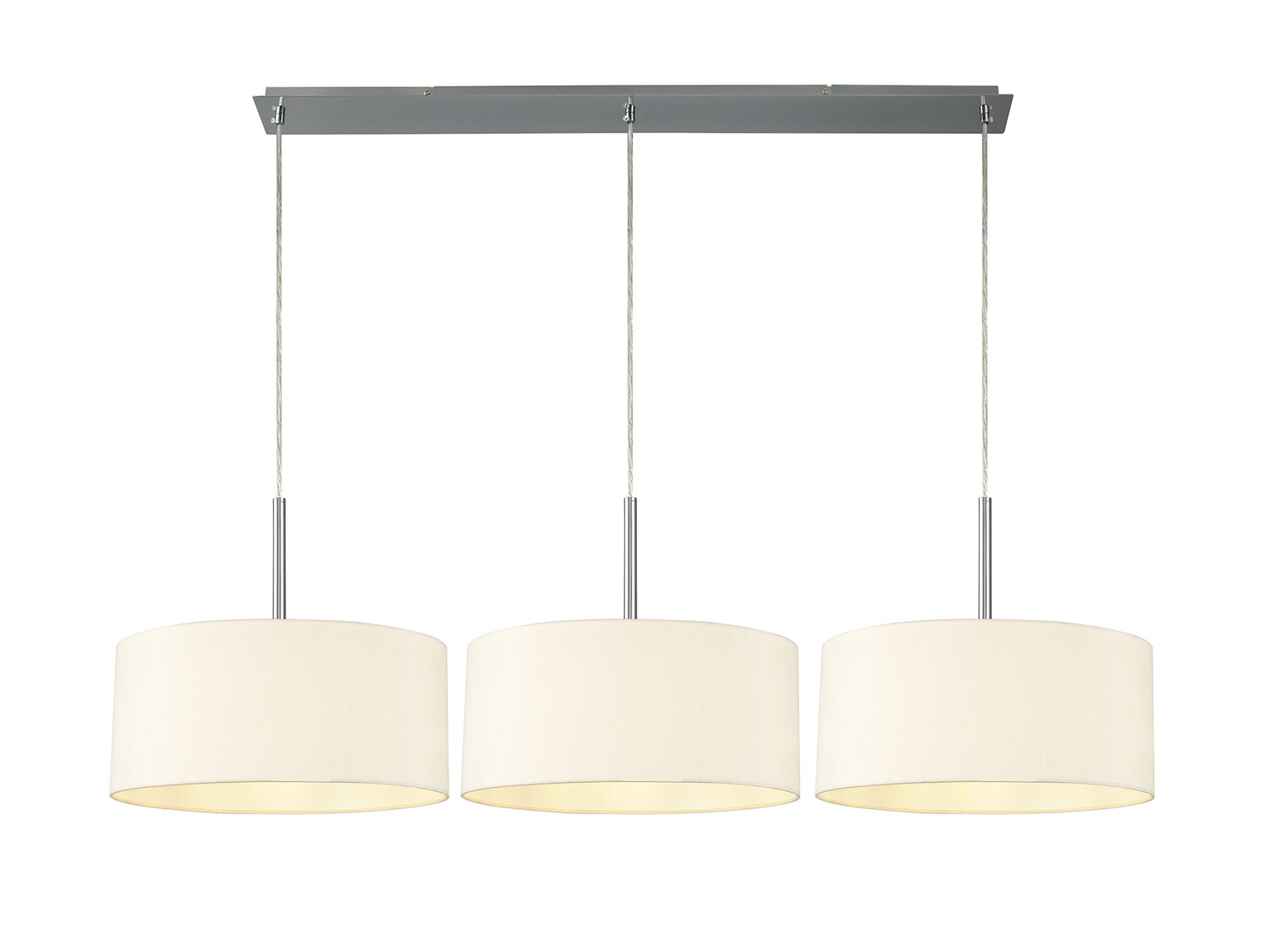 Baymont Polished Chrome 3 Light E27 Linear Pendant With 40cm x 18cm Faux Silk Shade, Ivory Pearl/White Laminate