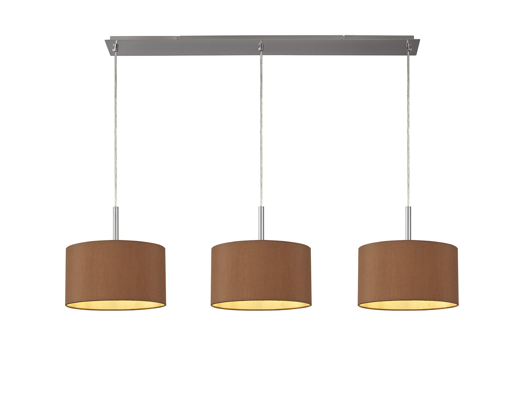 Baymont Satin Nickel 3 Light E27 Linear Pendant With 30cm x 17cm Dual Faux Silk Shade, Raw Cocoa/Grecian Bronze