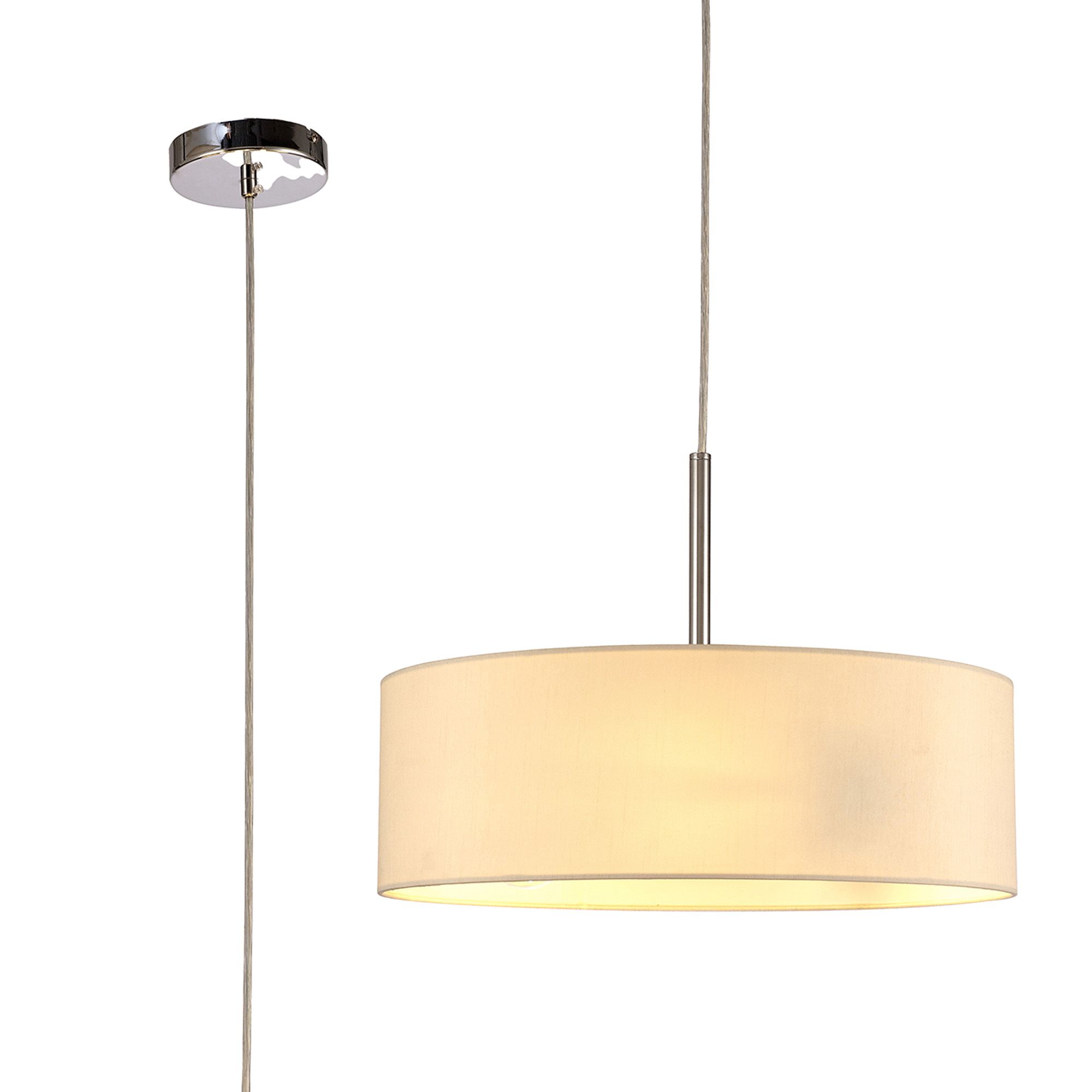Baymont Polished Chrome 3 Light E27 Single Pendant, With 45cm x 15cm Faux Silk Shade, Ivory Pearl/White Laminate