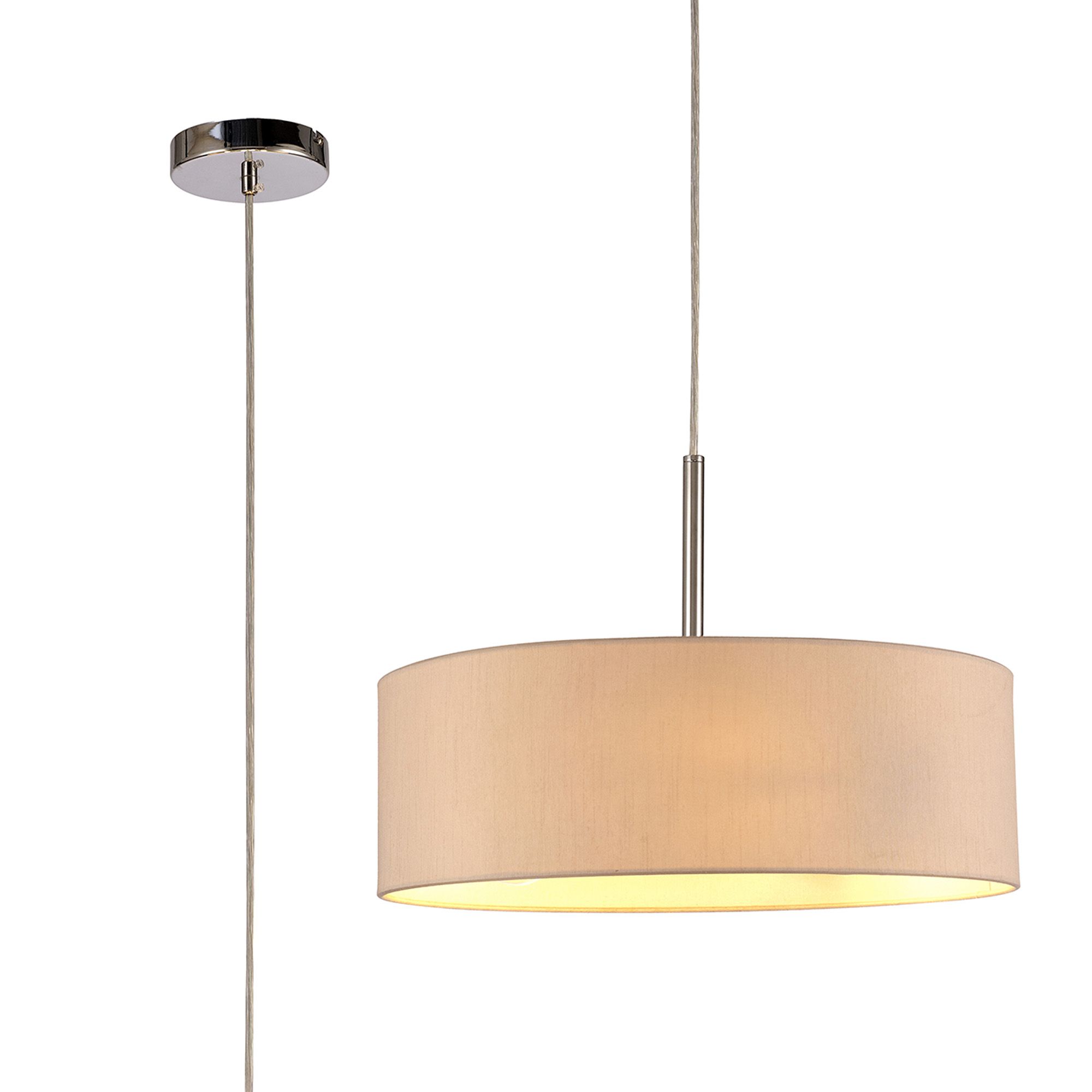Baymont Polished Chrome 3 Light E27 Single Pendant, With 45cm x 15cm Dual Faux Silk Shade, Nude Beige/Moonlight