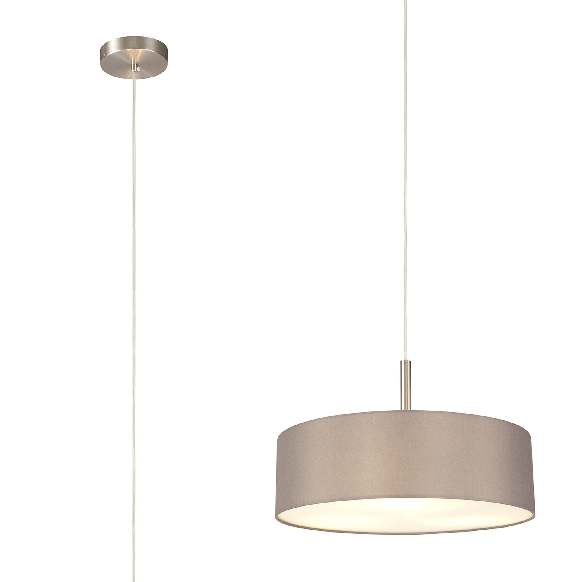 Baymont Satin Nickel 3 Light E27 Single Pendant, With 45cm x 15cm Faux Silk Shade, Grey