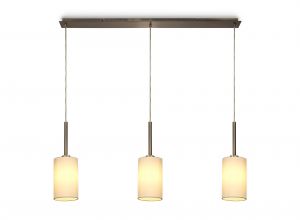 Baymont Antique Brass 3 Light E27 Linear Pendant, With 12cm x 20cm Faux Silk Shade, Ivory Pearl/White Laminate