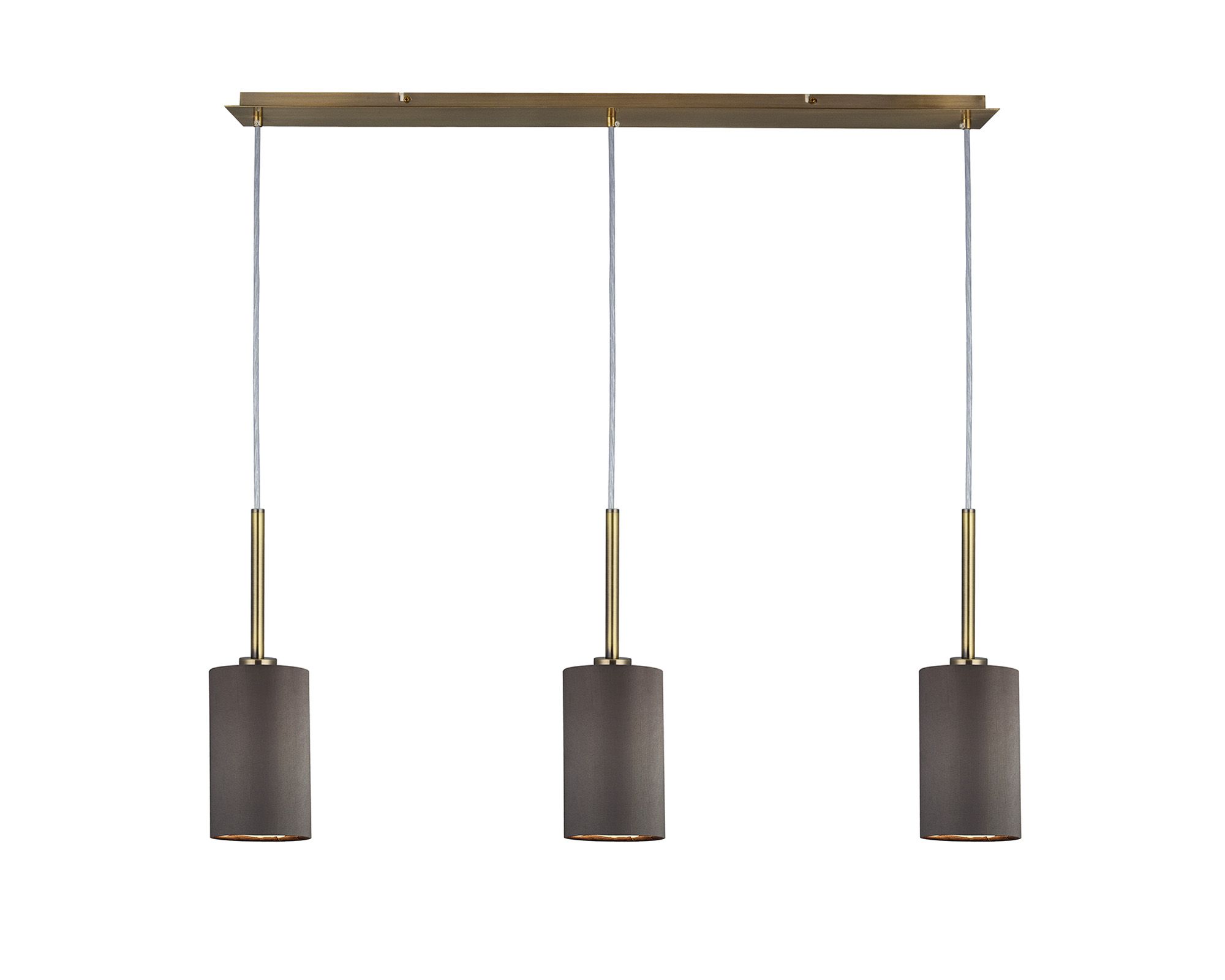 Baymont Antique Brass 3 Light E27 Linear Pendant, With 12cm x 20cm Faux Silk Shade, Grey