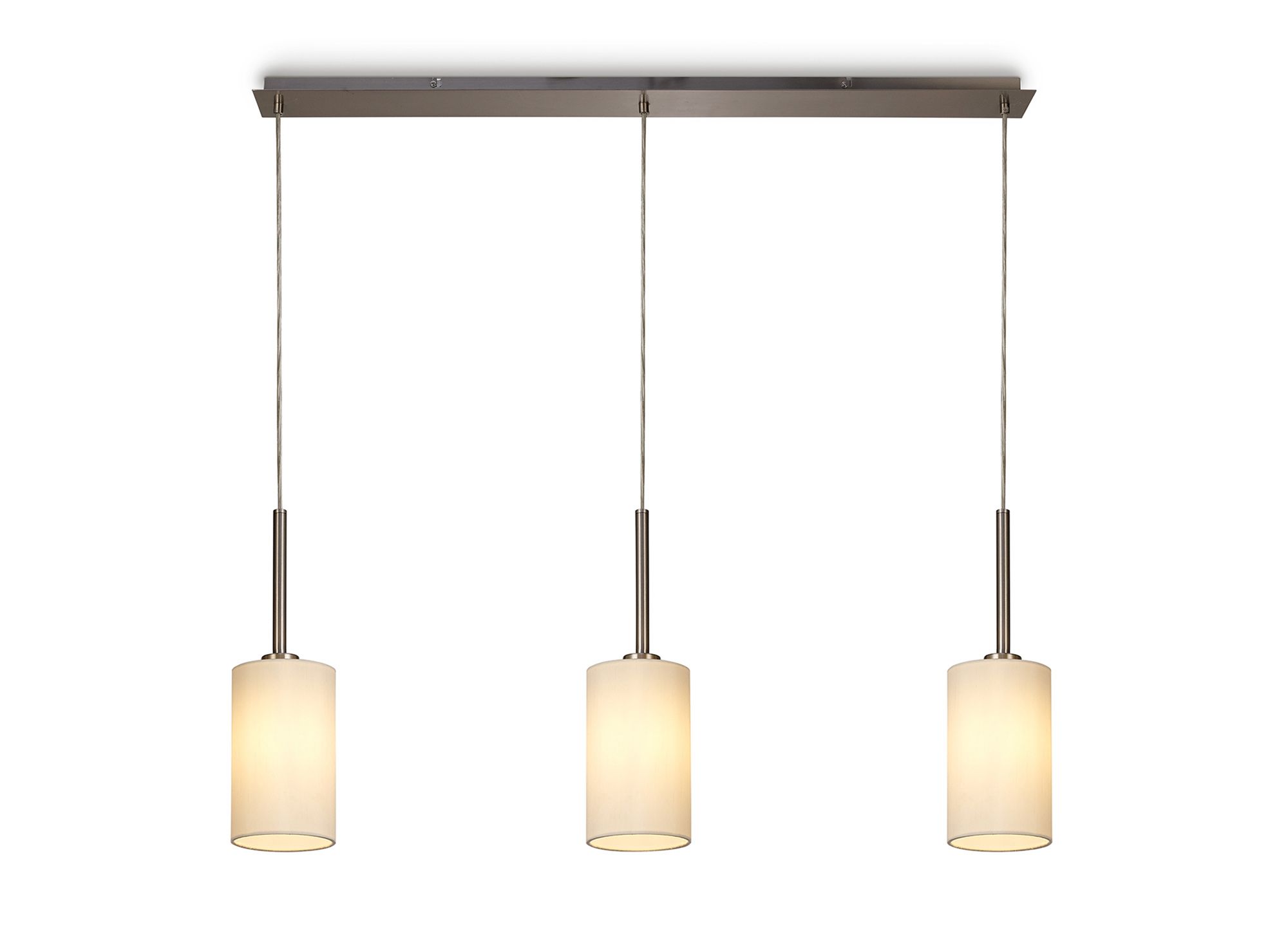 Baymont Satin Nickel 3 Light E27 Linear Pendant, With 12cm Faux Silk Shade, Ivory Pearl/White Laminate