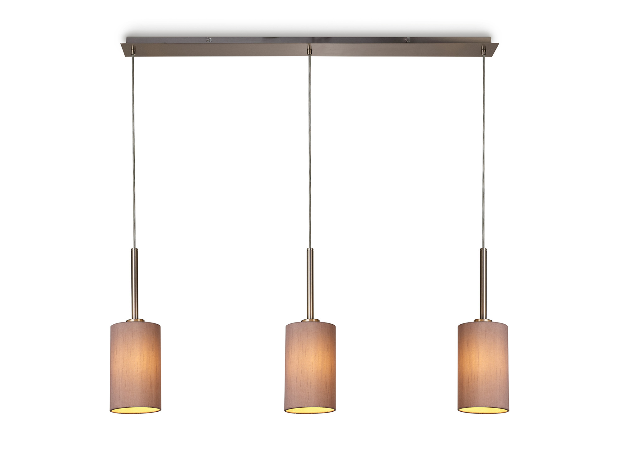 Baymont Satin Nickel 3 Light E27 Linear Pendant, With 12cm Dual Faux Silk Shade, Taupe/Halo Gold