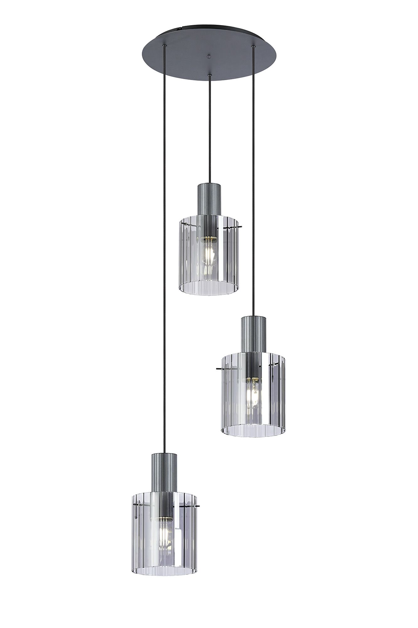 Blok Ribbed 49.5cm Round Pendant, 3 Light Adjustable E27, Dark Grey/Smoke Wide Line Glass