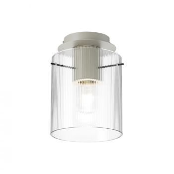 Blok Ribbed 21cm Round Ceiling Flush, 1 Light Flush Fitting E27, Beige Stone/Clear Narrow Line Glass