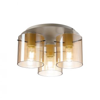 Blok Ribbed 41cm Round Ceiling Flush, 3 Light Flush Fitting E27, Beige Stone/Amber Narrow Line Glass