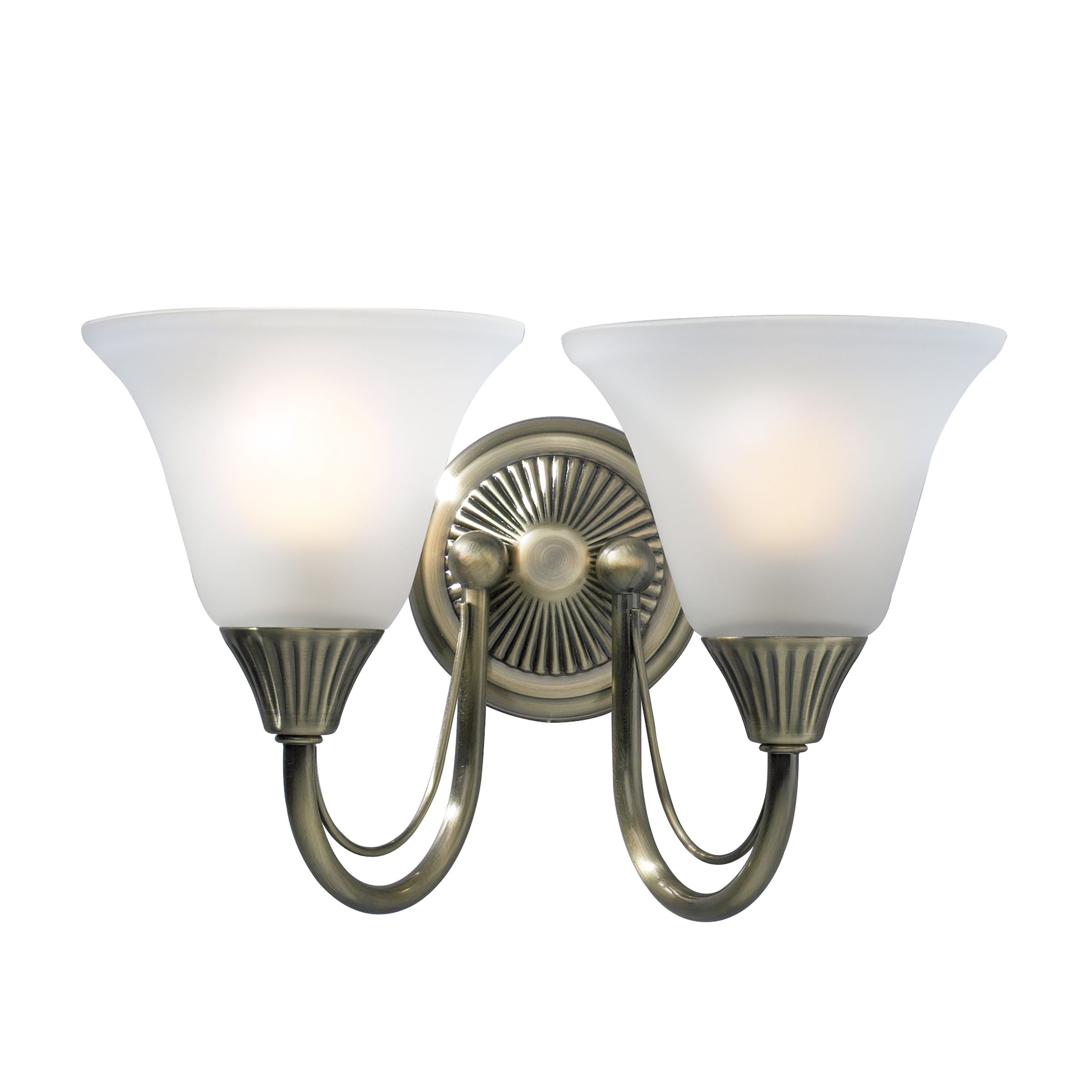 Ojos 2 Light E14 Antique Brass Wall Light With Pull Cord C/W Opaque Glass Shades