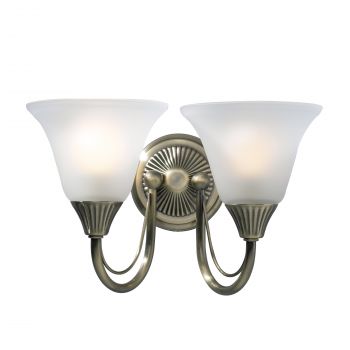 Ojos 2 Light E14 Antique Brass Wall Light With Pull Cord C/W Opaque Glass Shades