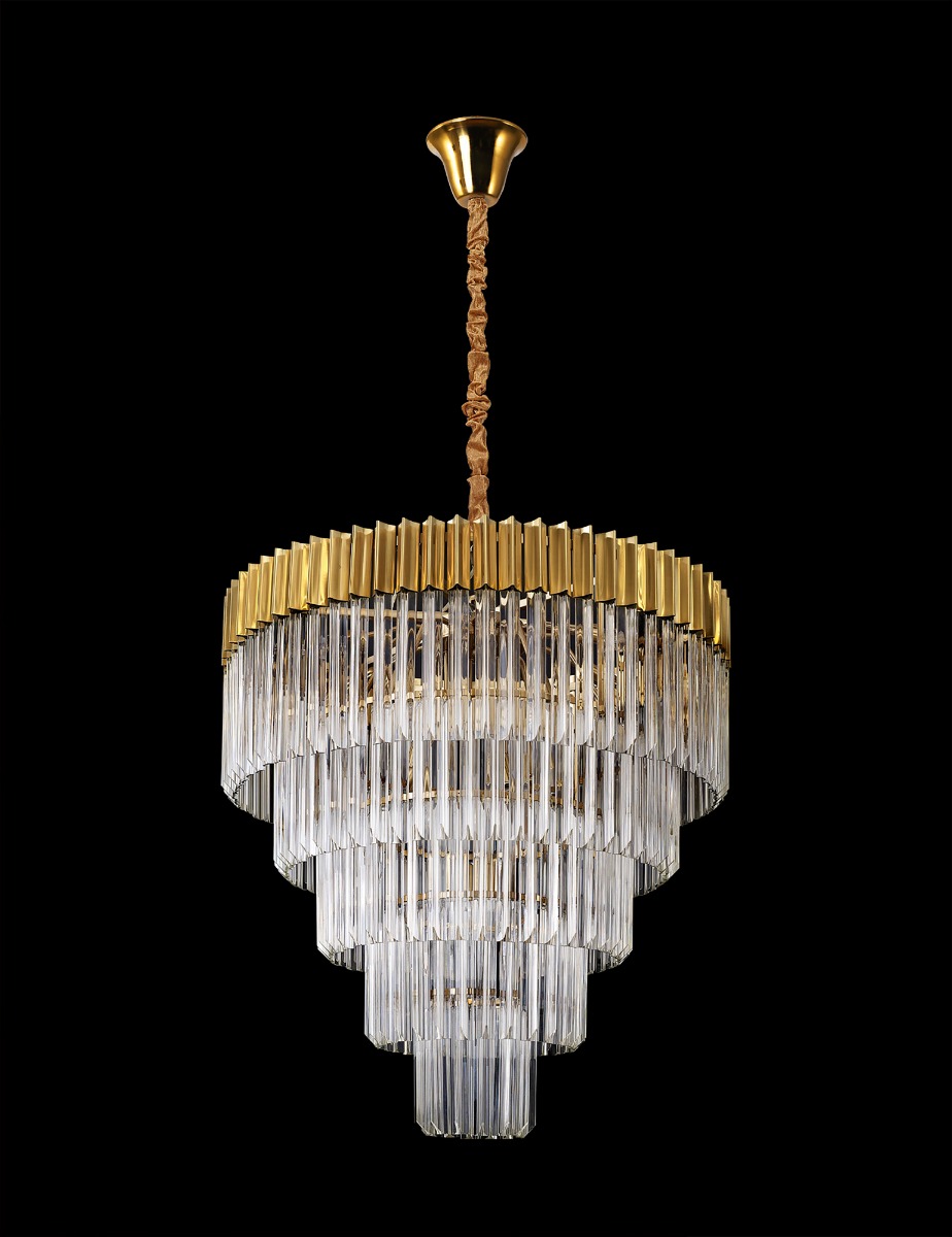 Brewer 80cm Pendant Round 5 Tier 19 Light E14, Brass/Clear Sculpted Glass, Item Weight: 30.2kg