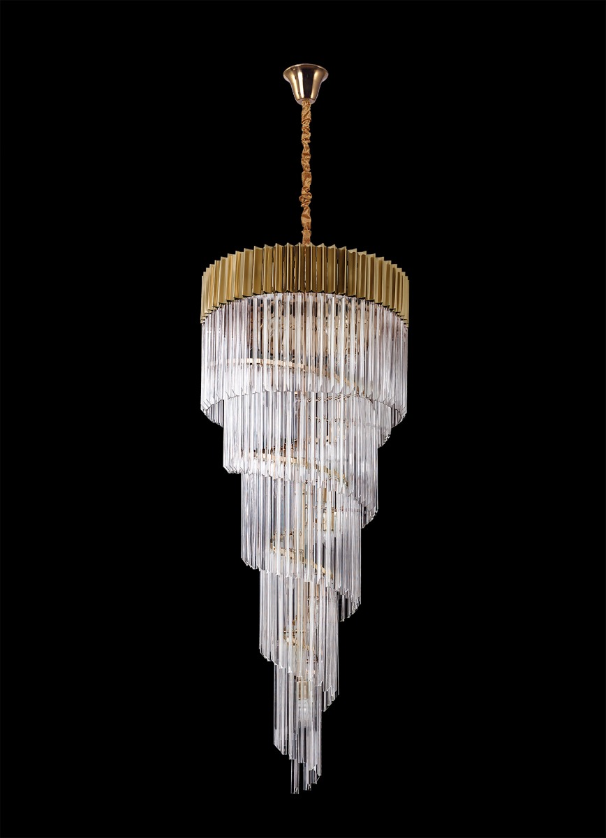 Brewer 70cm Pendant Round 5 Layer Spiral 23 Light E14, Brass/Clear Sculpted Glass, Item Weight: 57kg