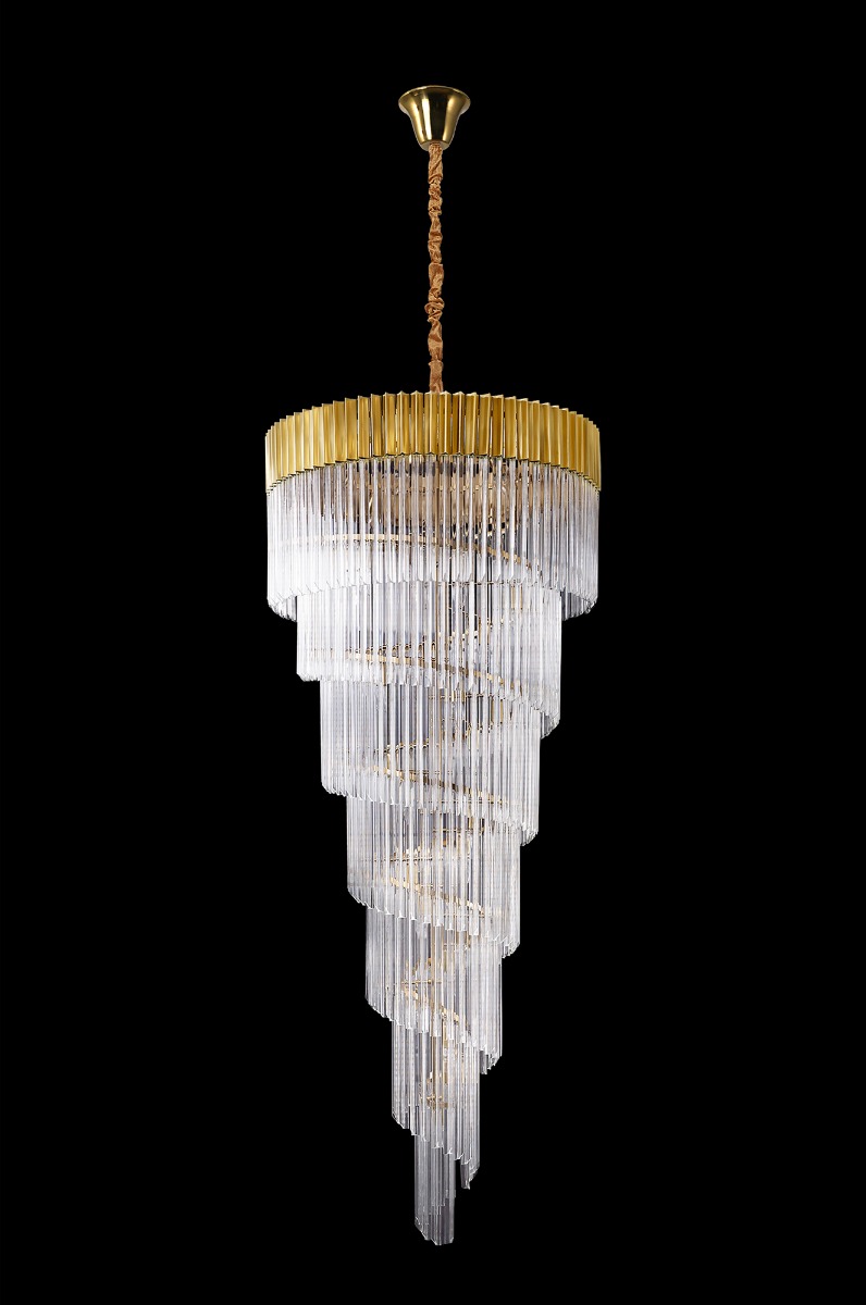 Brewer 90cm Pendant Round 7 Layer Spiral 31 Light E14, Brass/Clear Sculpted Glass, Item Weight: 93kg