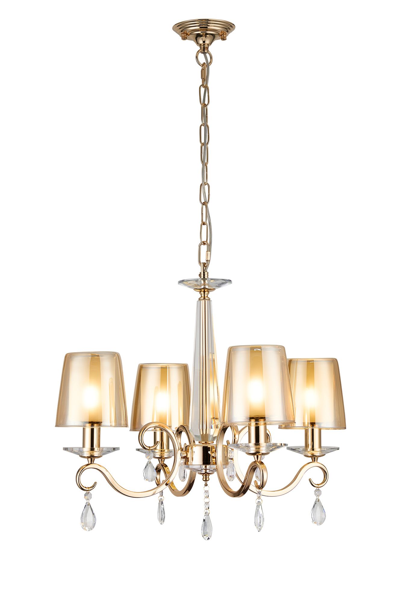 Calida 55cm Pendant, 4 Light E14, French Gold/Amber With Frosted Inner Flat Top Cone Glass Shade (B)
