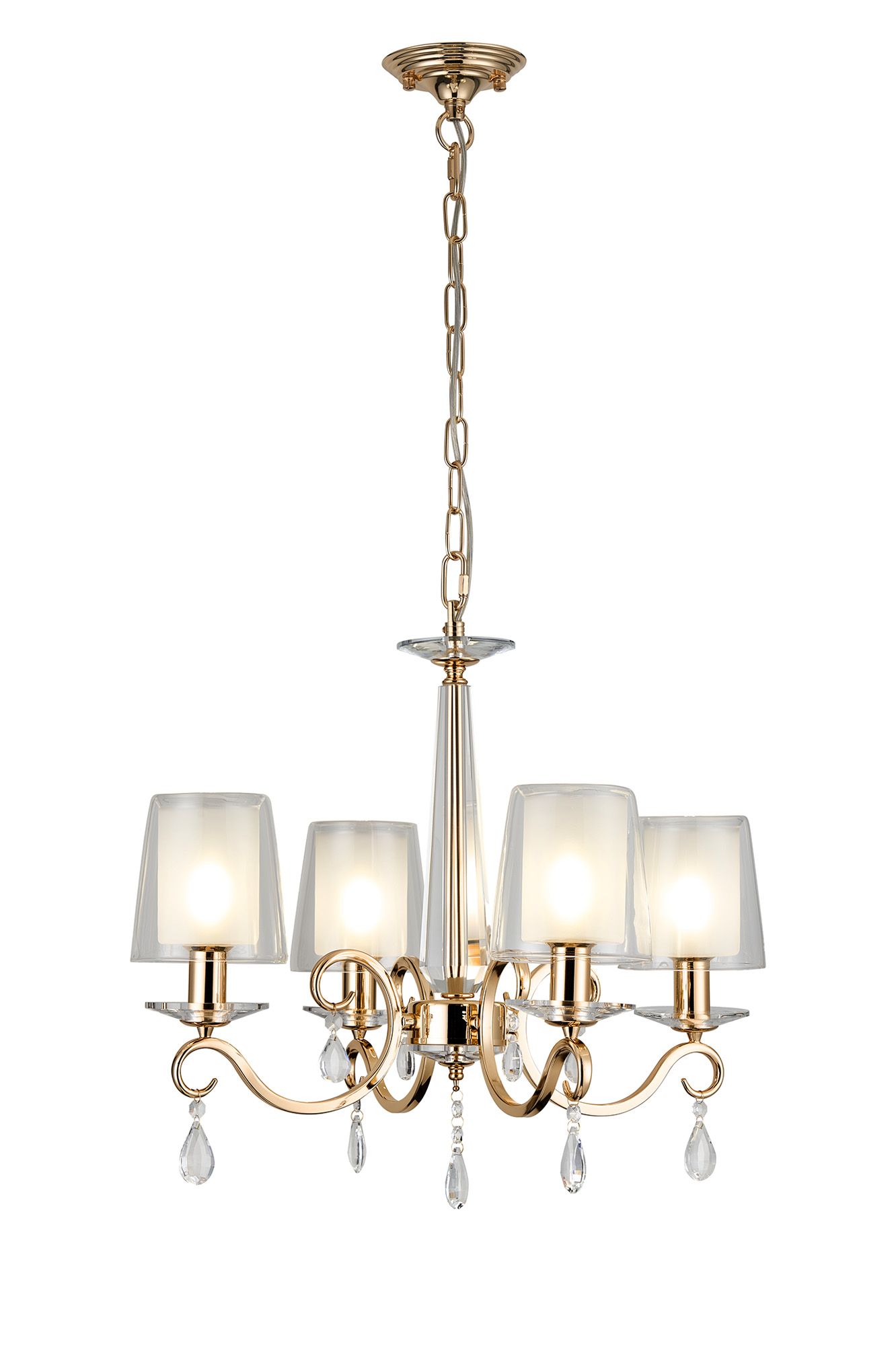 Calida 55cm Pendant, 4 Light E14, French Gold/Clear With Frosted Inner Flat Top Cone Glass Shade (B)