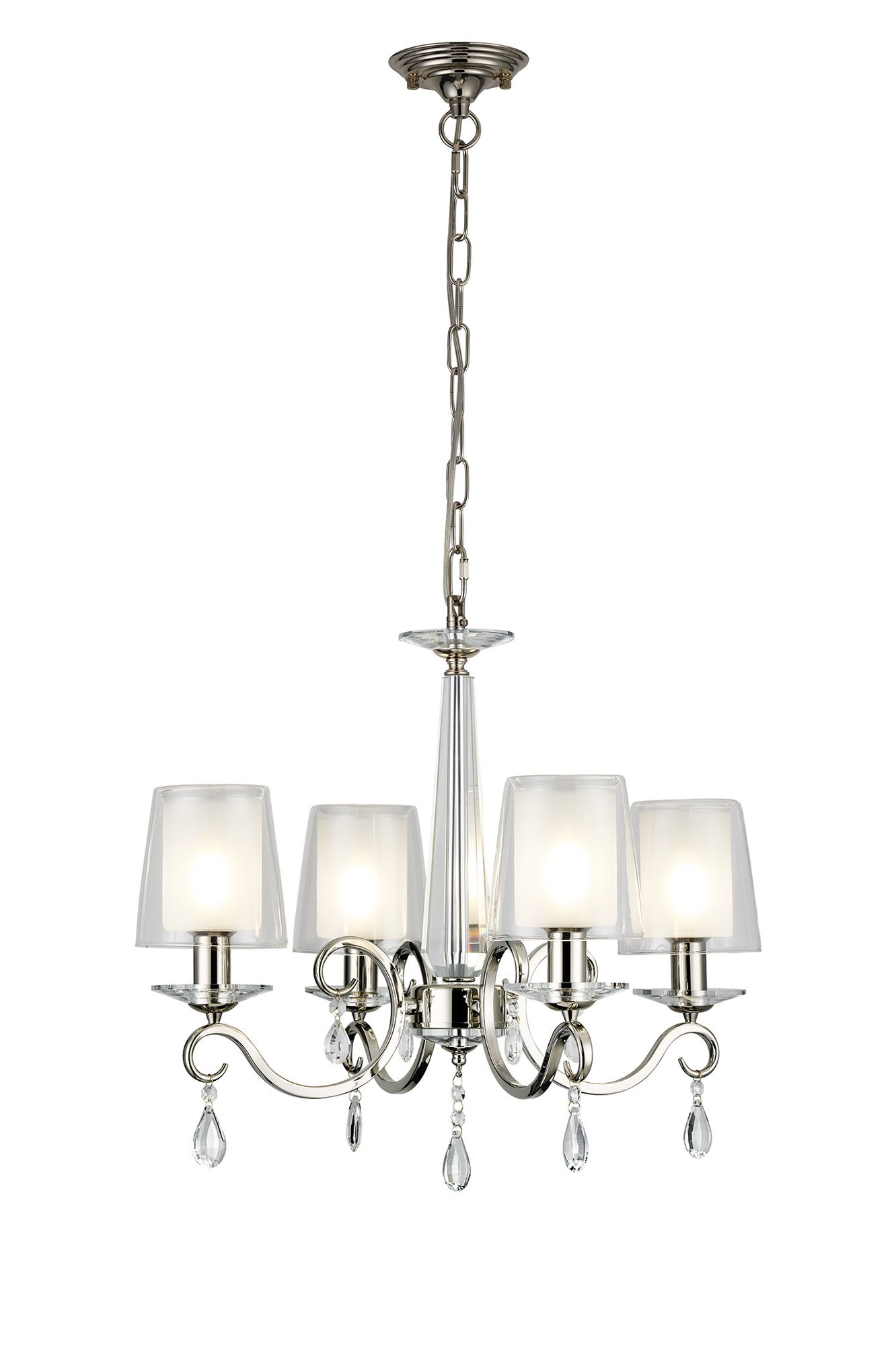 Calida 55cm Pendant, 4 Light E14, Polished Nickel/Clear With Frosted Inner Flat Top Cone Glass Shade (B)