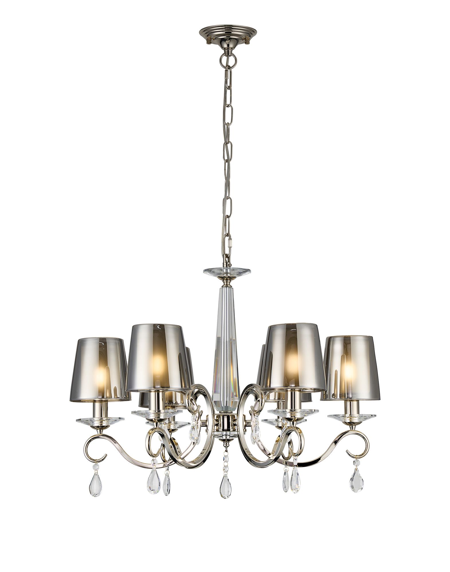 Calida 63cm Pendant, 6 Light E14, Polished Nickel/Smoke With Frosted Inner Flat Top Cone Glass Shade (B)
