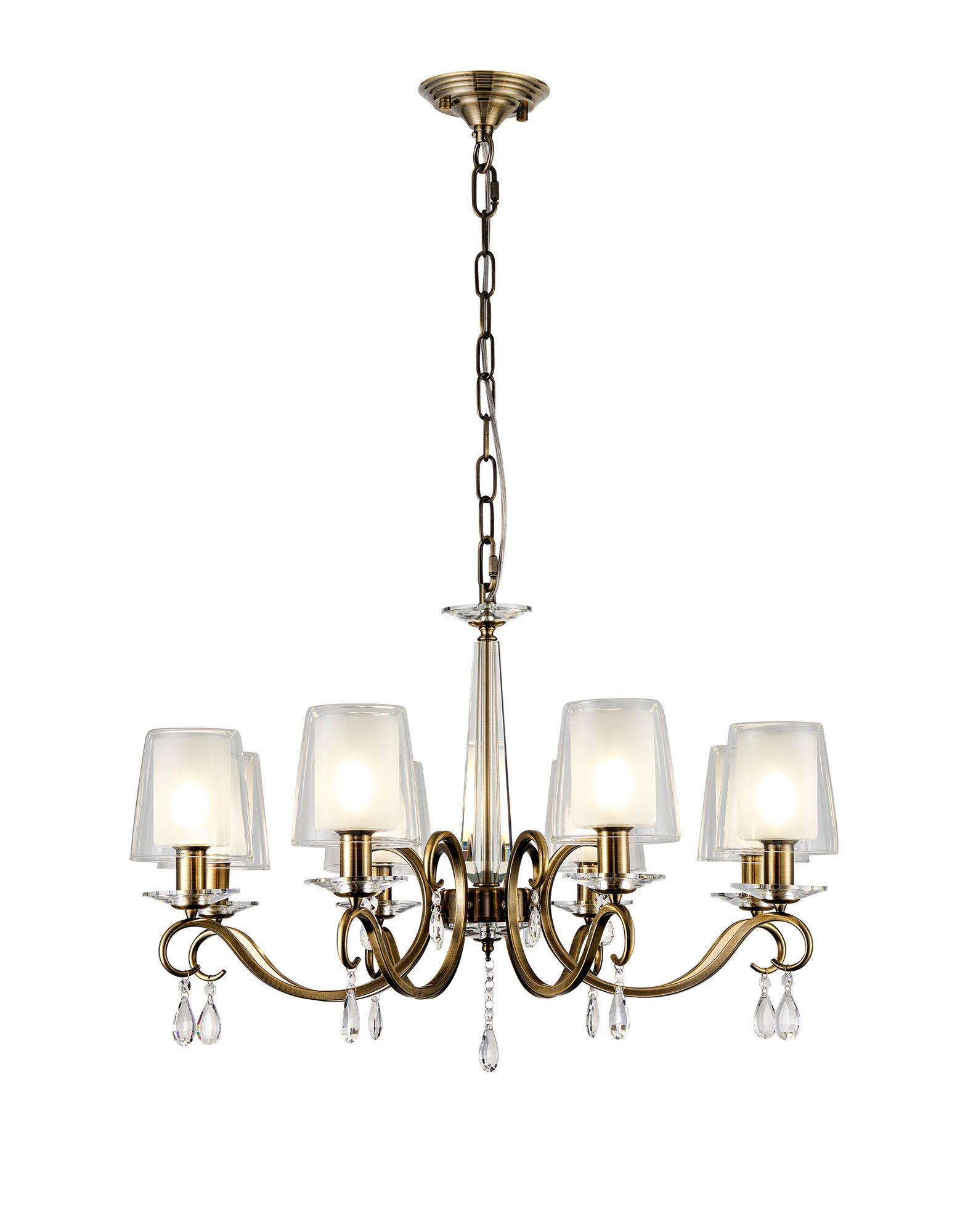 Calida 75cm Pendant, 8 Light E14, Antique Brass/Clear With Frosted Inner Flat Top Cone Glass Shade (B)