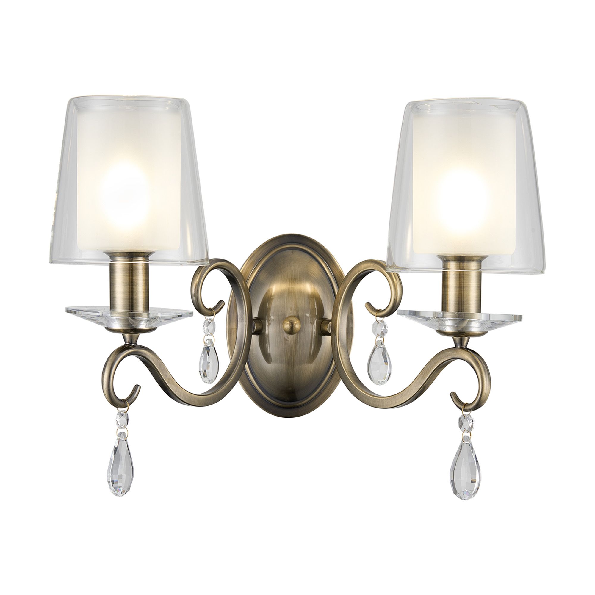 Calida Wall Lamp, 2 Light E14, Antique Brass/Clear With Frosted Inner Flat Top Cone Glass Shade (B)