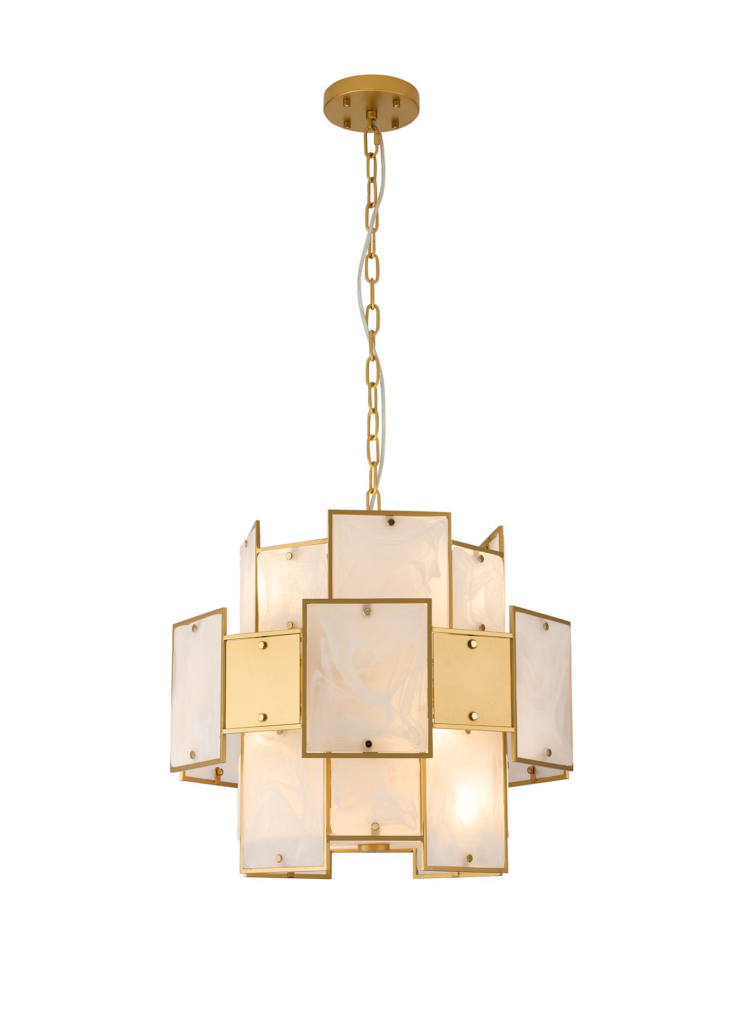 Calyx 45cm Round Pendant/Semi Flush White Glass Alabaster & Metal, 7 x E14, 1m Chain, Gold/White Frosted